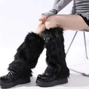 Y2K Black Fluffy Faux Fur Leg Warmers, E-Girl Grunge Aesthetic Fuzzy Knee High Sock Covers, 15.75 Inch Warm Cozy Boot Cuffs