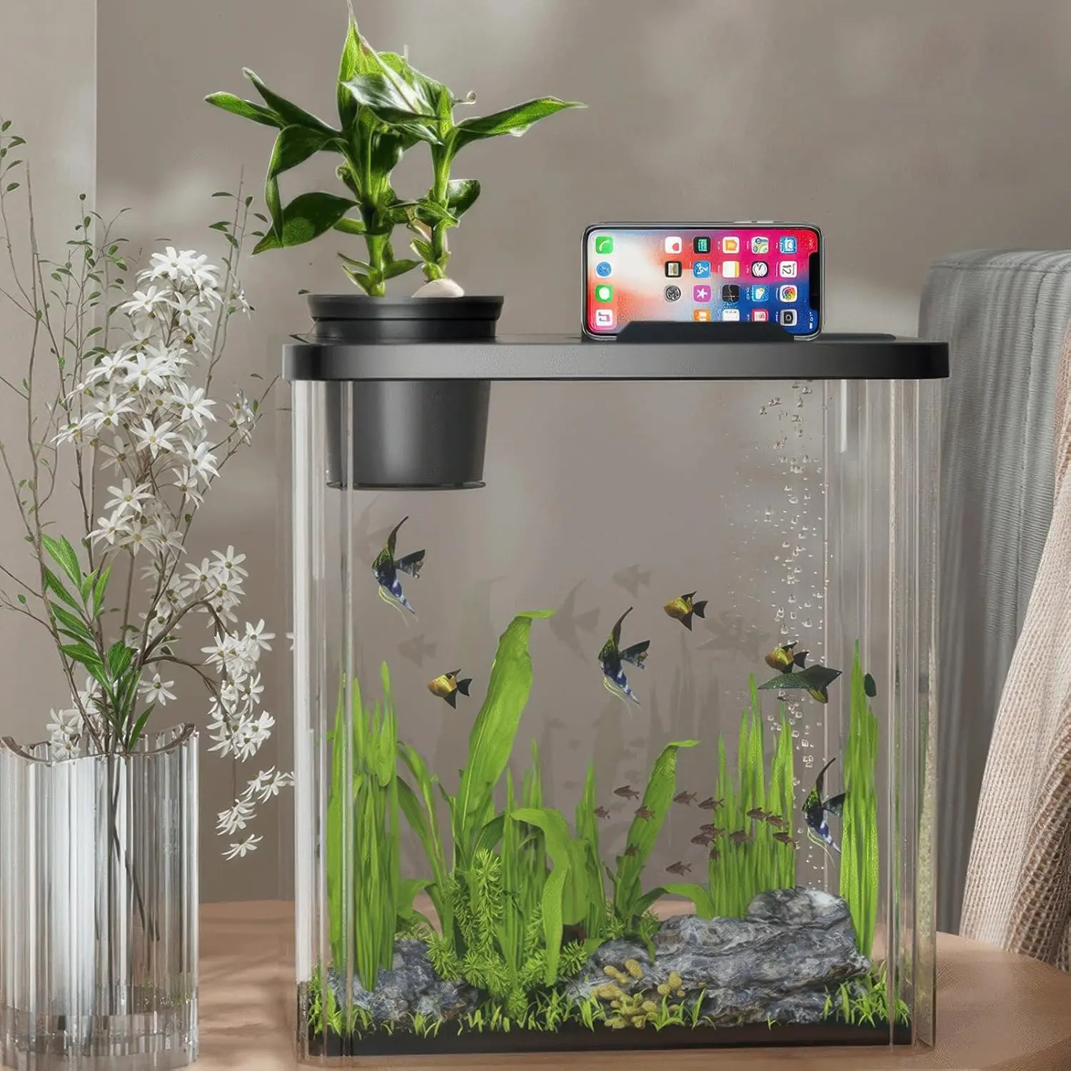 2.5 Gallon Small Fish Tank, 7Pcs Betta Fish Tank kit with LED Light, Air Pump, Lid, Fish Tank Starter Kits Beta Fish, Goldfish, Shrimp