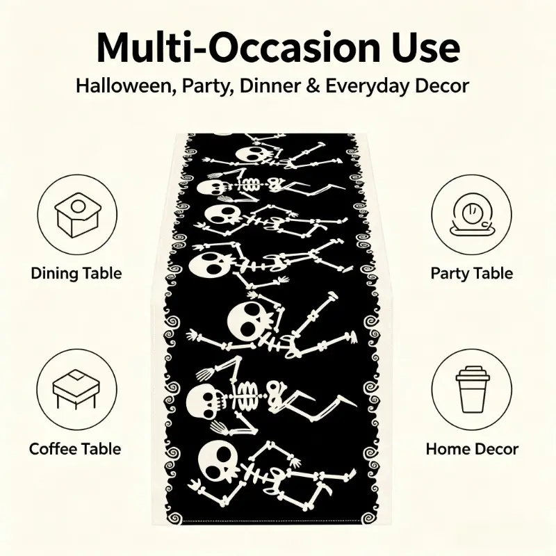Halloween Skeleton Table Runner 180×35cm, Black White Dancing Skull Pattern Polyester Table Decor, Reusable Halloween Party Tablecloth Runner, Day of The Dead Holiday Home Dining Table Decoration for Dinner Party, Kitchen, Indoor Festival Decor