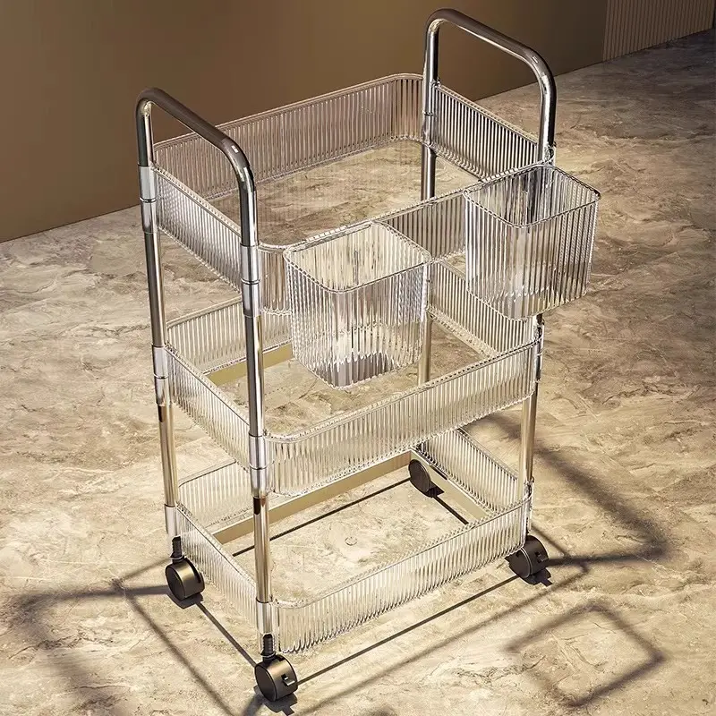Transparent Acrylic Storage Rack, 3/4 Tier Mobile Cart, Metal Frame, Silent Wheels, Bathroom, Kitchen, Bedroom, Office Organizer