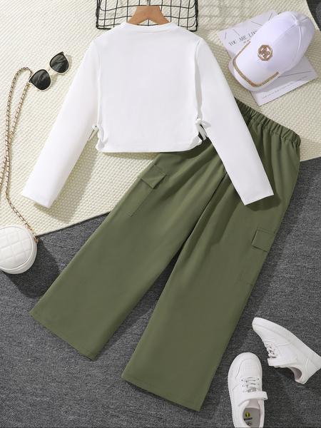 Girls' Letter Print Long Sleeve Top & Army Cargo Pants Set, Clothes, Casual Fall Winter, Fitted Woven Fabric, Daily Wear