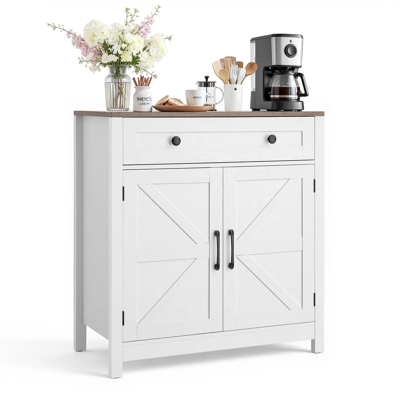 VEVOR Farmhouse Coffee Bar Cabinet with 2 Barn Doors-1 Drawer, Stable Particleboard Sideboard Buffet Stand with Metal Slides for Living Room-Entryway, 29.5x14.7x31.5in White Cabinet (22 lbs, 44.5 lbs Capacity)
