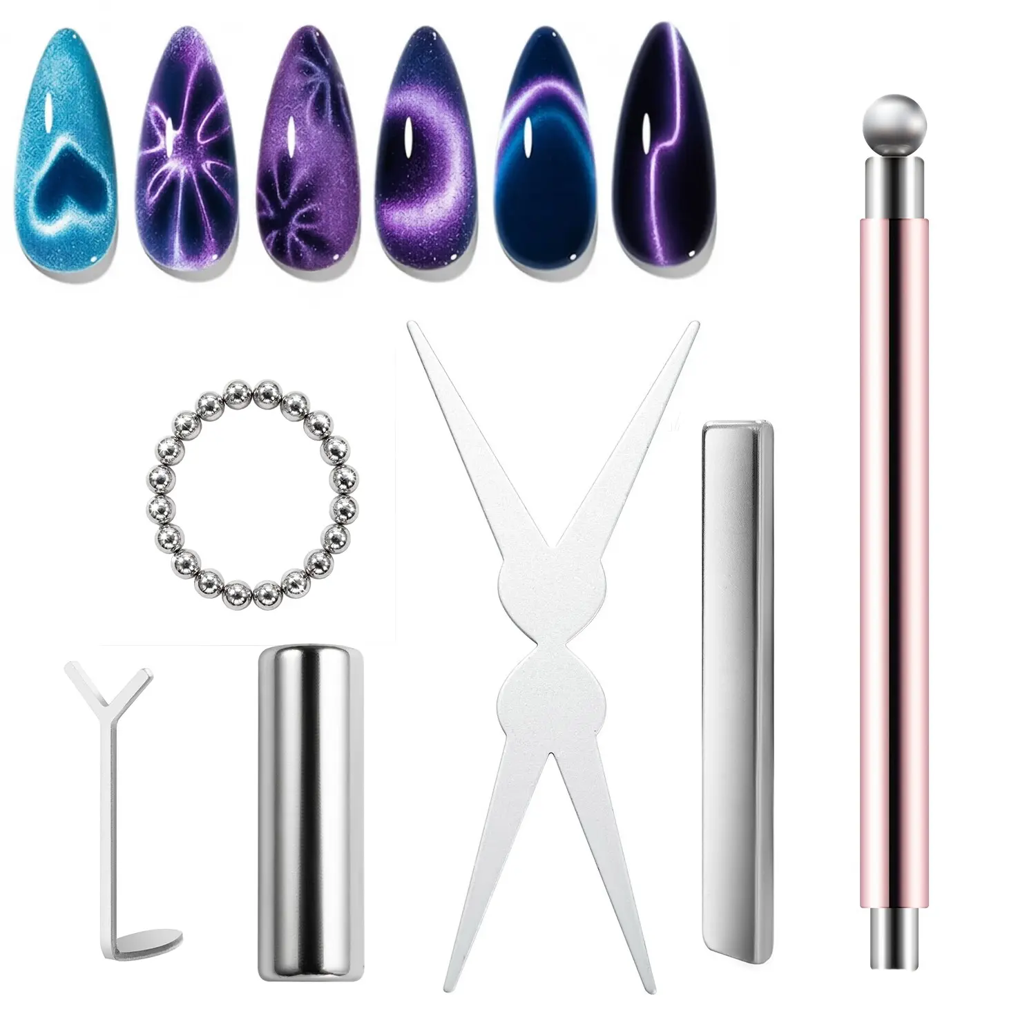 Cat Eye Nail Magnet Tool Set 6PCS Double Ended Magnet Stick Round Ball Flat Magnets Cat Eye Heart French Water Ripple Nail Art Nail Art Tools