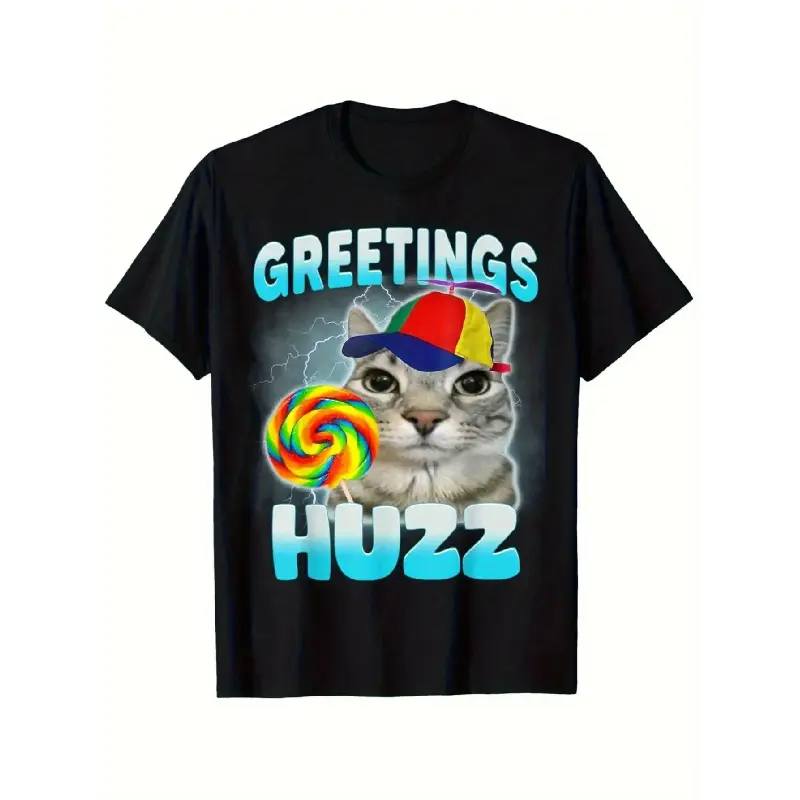 Men's Cotton Short-Sleeve Classic Menswear T-Shirt with Collar, Playful "Where The Huzz At" Cat Meme Design, Comfy Streetwear Basic Tee for Cat Lovers