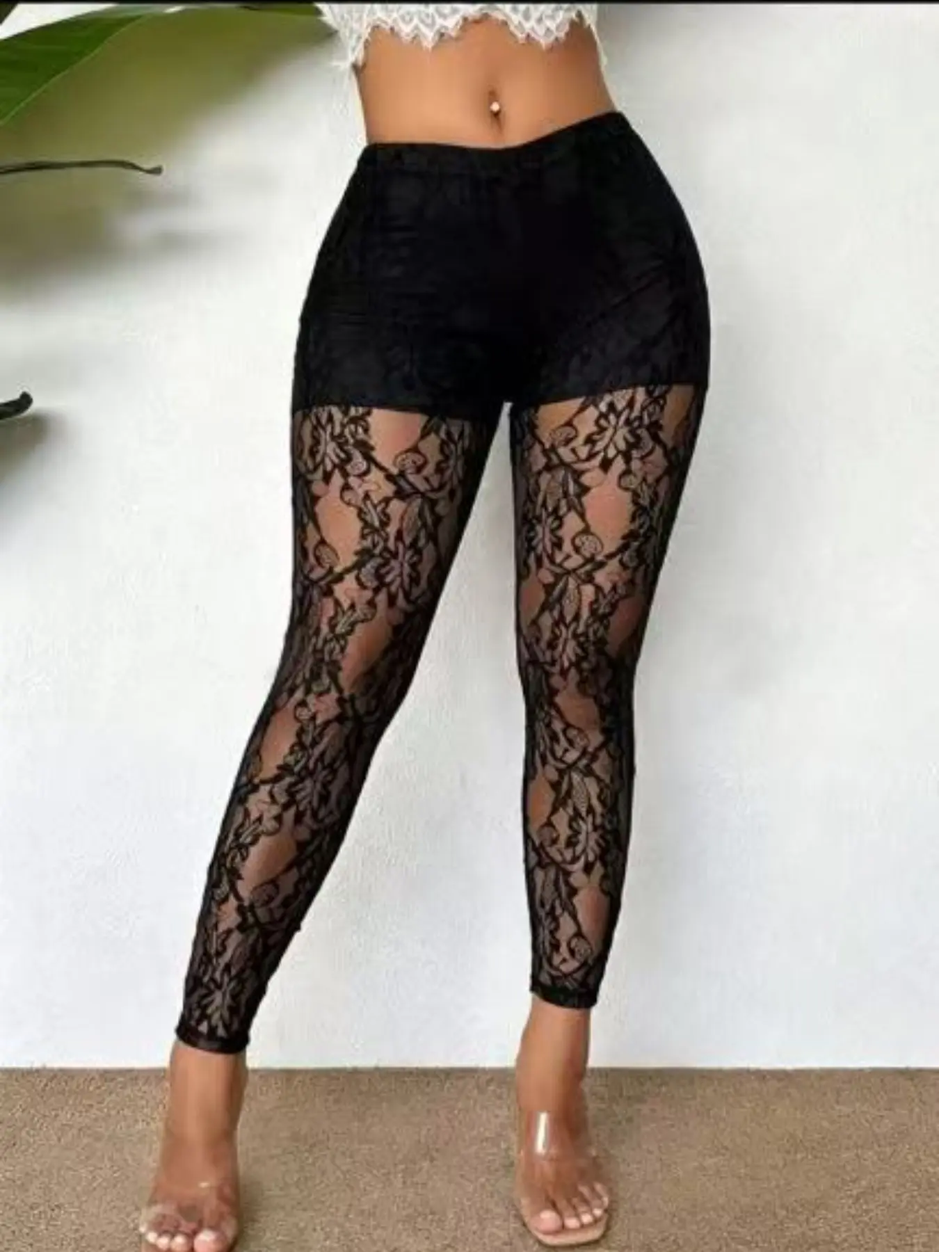 Women's Lace Sexy Bottom Pants Leggings, Trendy Fashion Mesh Long Pants, Hollow Out Transparent Party Wear, Stylish and Chic Design Everyday
