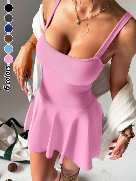 Women's Solid Square Neck Sports Tank Dress, Casual Sporty Sleeveless Bodycon Dress for Yoga Gym Workout Running, Ladies Sportswear for All Seasons, Activewear, Exercise Dress, Sleeveless Athletic Dress