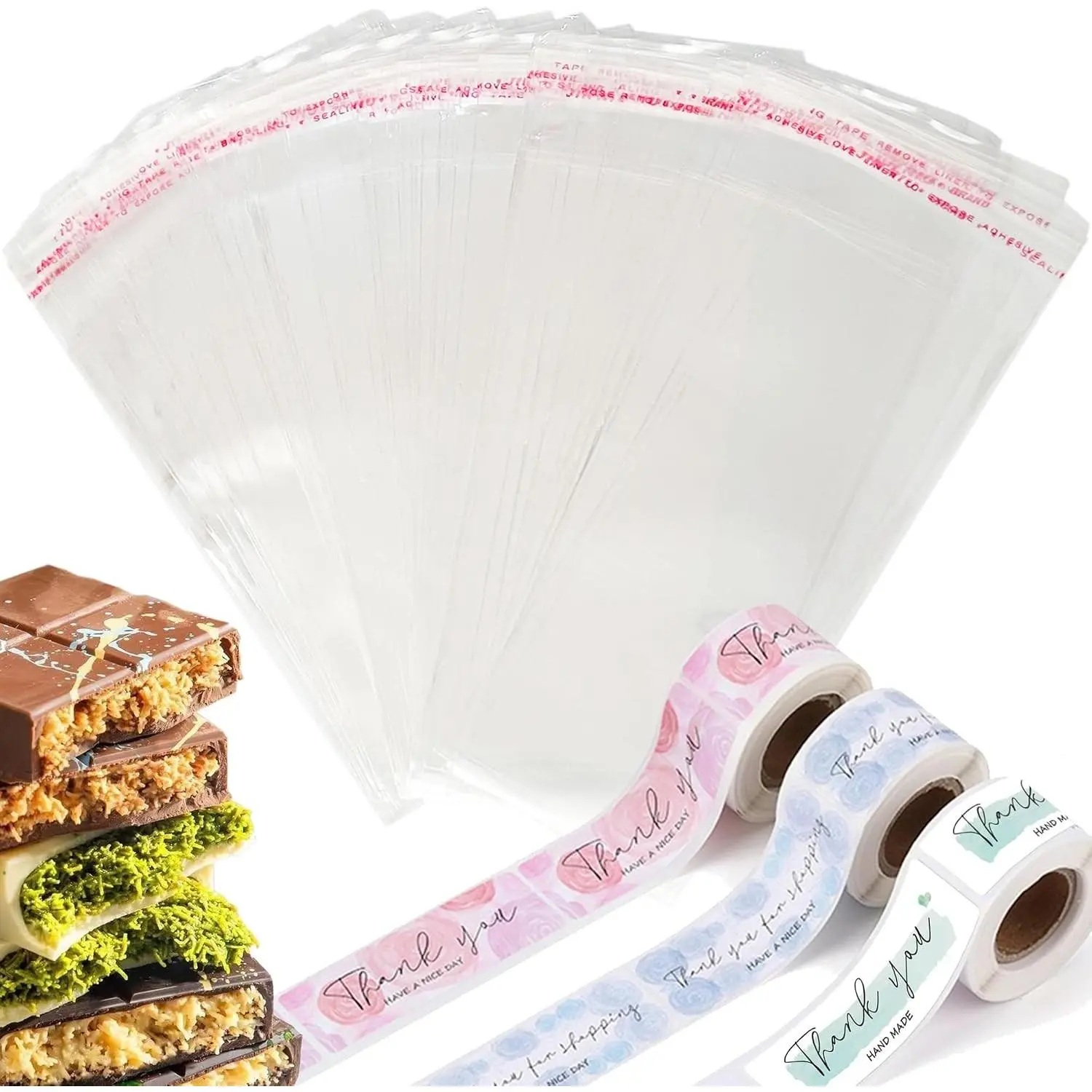 360PCS Chocolate Bar Wrappers Set Includes 180pcs 2.4 x 7 inches Chocolate Bar Packaging Bags and 180pcs Thank You Stickers Self Adhesive Plastic Chocolate Wrappers for Homemade Chocolate Candy