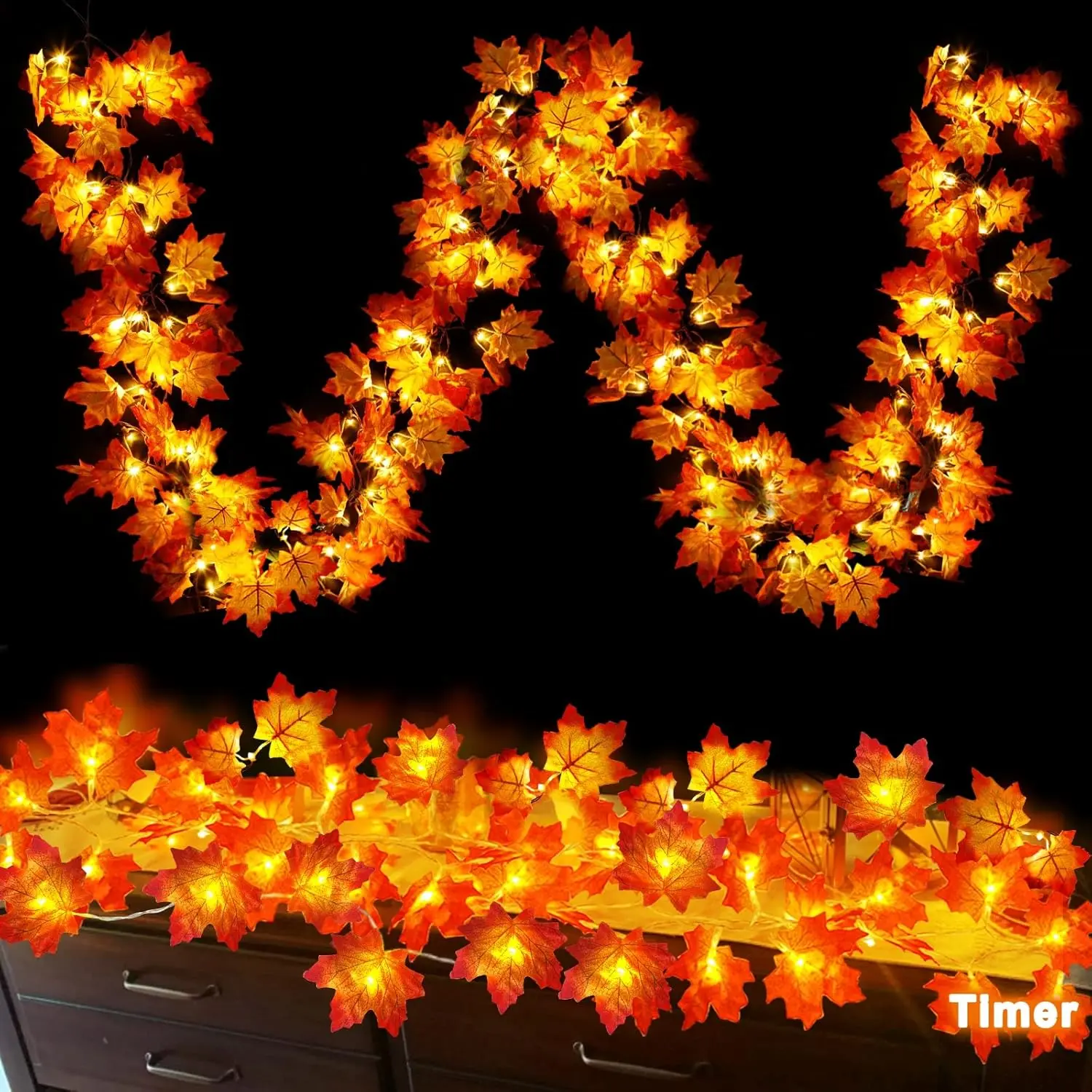 2-Pack Timer-Equipped Waterproof Silk Maple Leaf Garland Fall Decor, 20Ft 40LED Battery-Operated Lighted Garland for Home, Wedding, Halloween Thanksgiving Indoor Decor