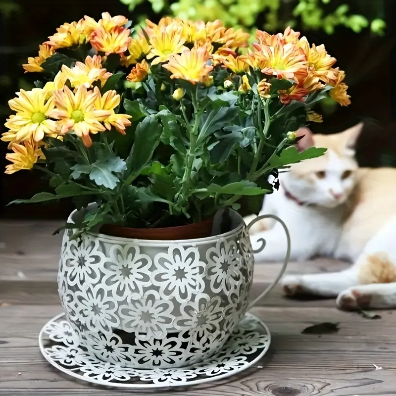 Retro Polished Metal Coffee Cup Planter - Freestanding Floral Cutout Flower Pots & Planters for Succulents, Herbs, Patio and Garden Decor