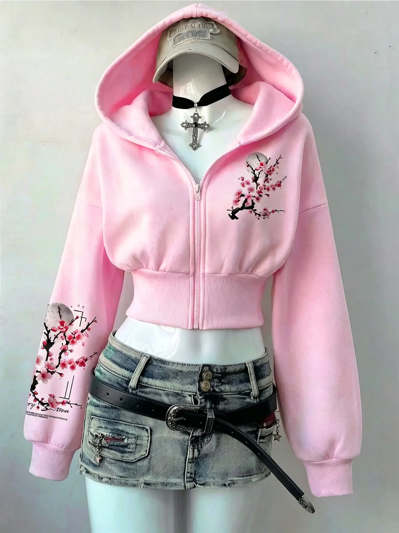 Women’s Cropped Zip-Up Hooded Jacket, Long Sleeve Casual Hoodie With Cherry Blossom Print, Y2K Sweet Cool Street Style Top For Daily Shopping And Outdoor Outfits
