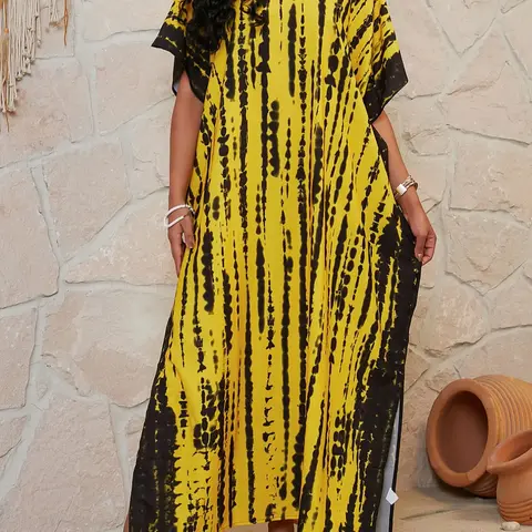Plus Size Striped Print Drop Shoulder Split V Neck Dress, Boho Short Sleeve Loose Dress for Summer Beach Holiday Vacation Beach Sundresses, Women's Plus Clothing for Daily Wear, Womenswear Casual Wear Chic, Boho Fashion