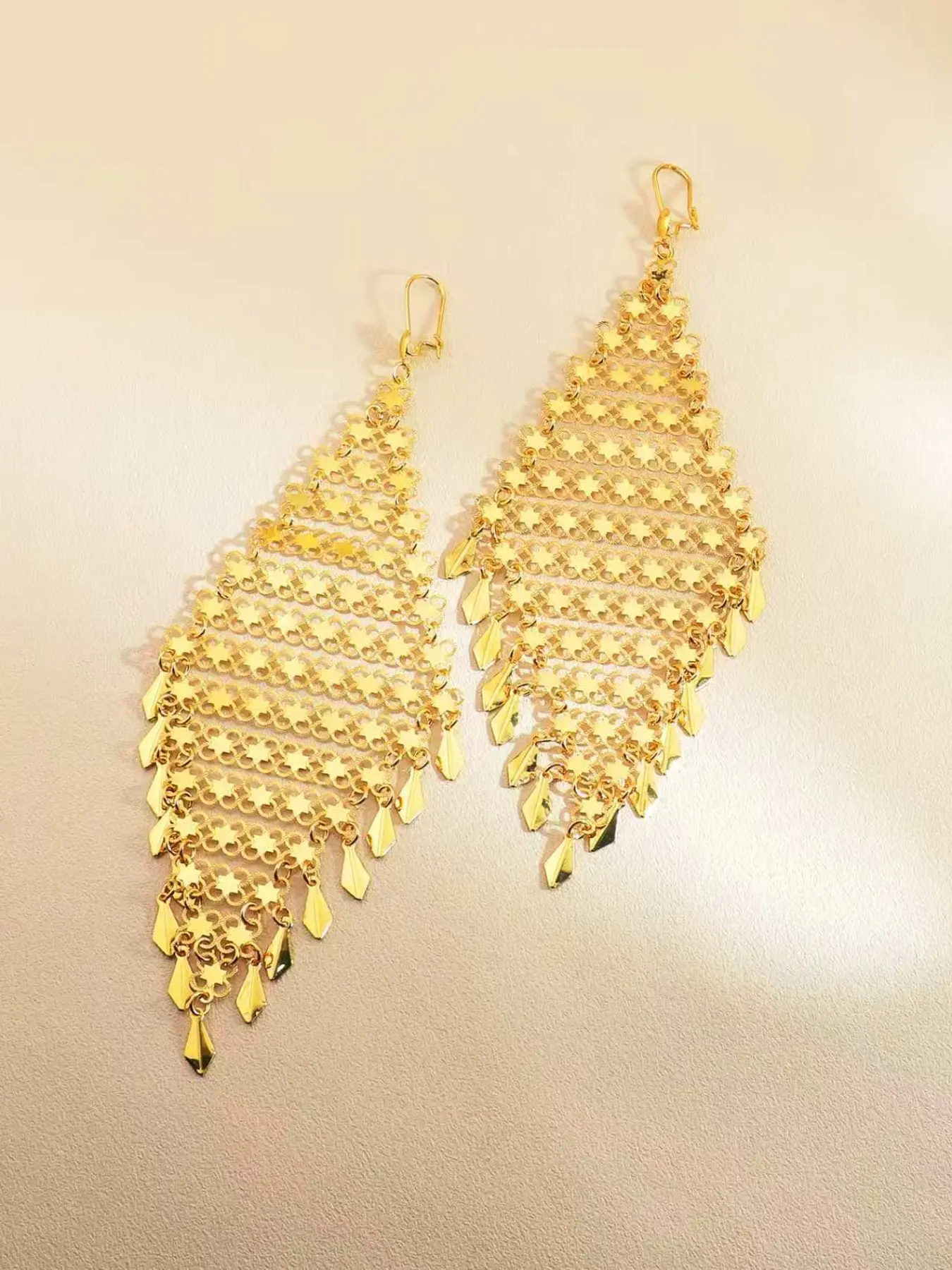 Dubai Gold Plated Rhombus Hollow Fringe Earrings, 21k Gold Layered Ethiopian Wedding Luxury Earrings, Middle East African Party Jewelry