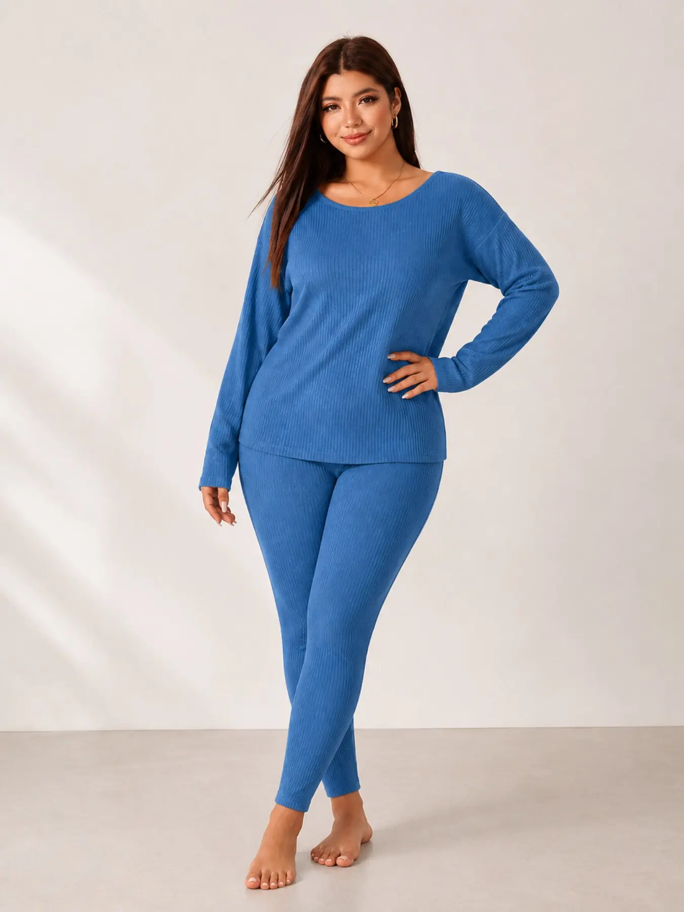 Plus Size Women's Plain Vertical Rib Knit Fitted Fall Set, Long Sleeve Low Round Neck, Elastic Waist Rib Pants, Suitable for Home