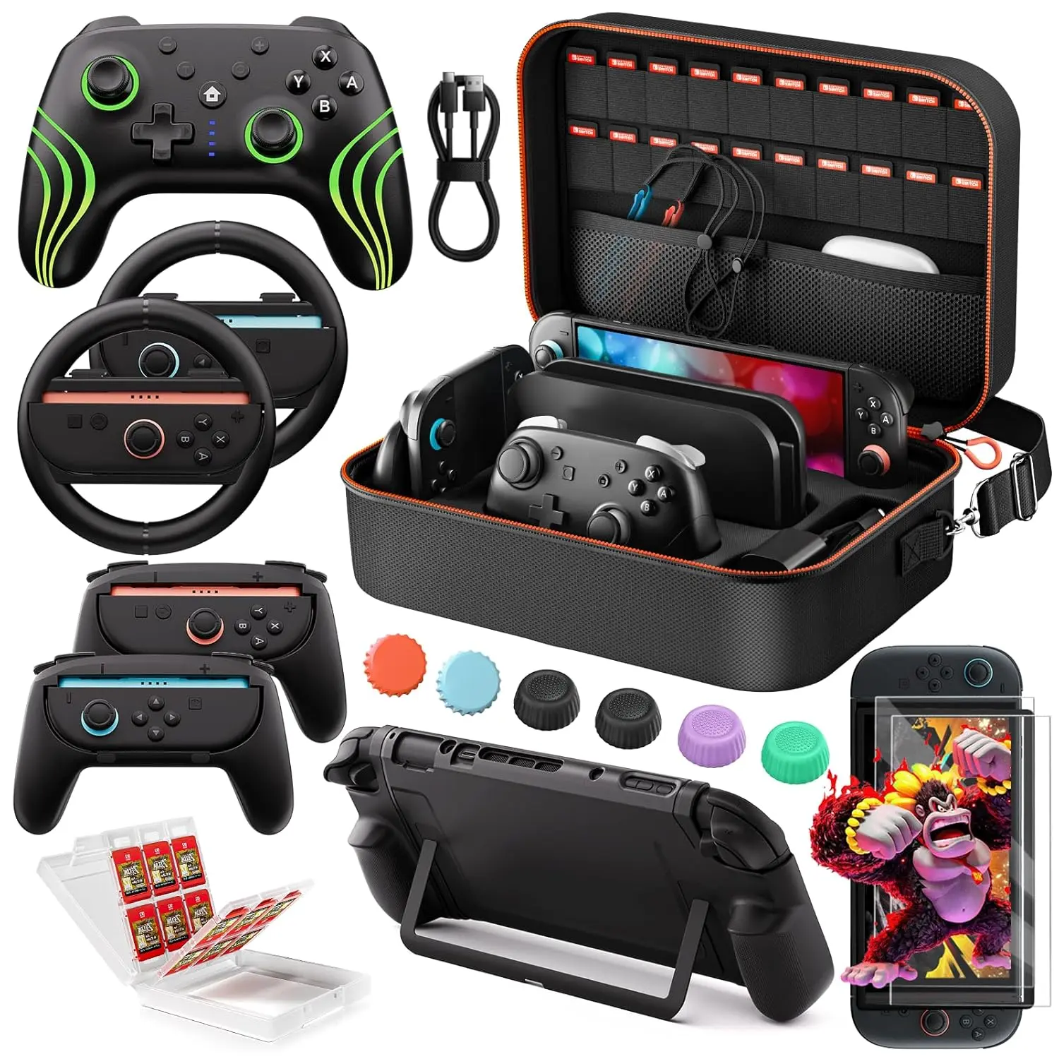 Switch 2 Pro Controller Accessories Bundle 17-in-1, All In One Carrying Case, Joycon Grip, Screen Protectors, Protective Case, Steering Wheels, Game Card Case Thumb Grips for Nintendo Switch 2