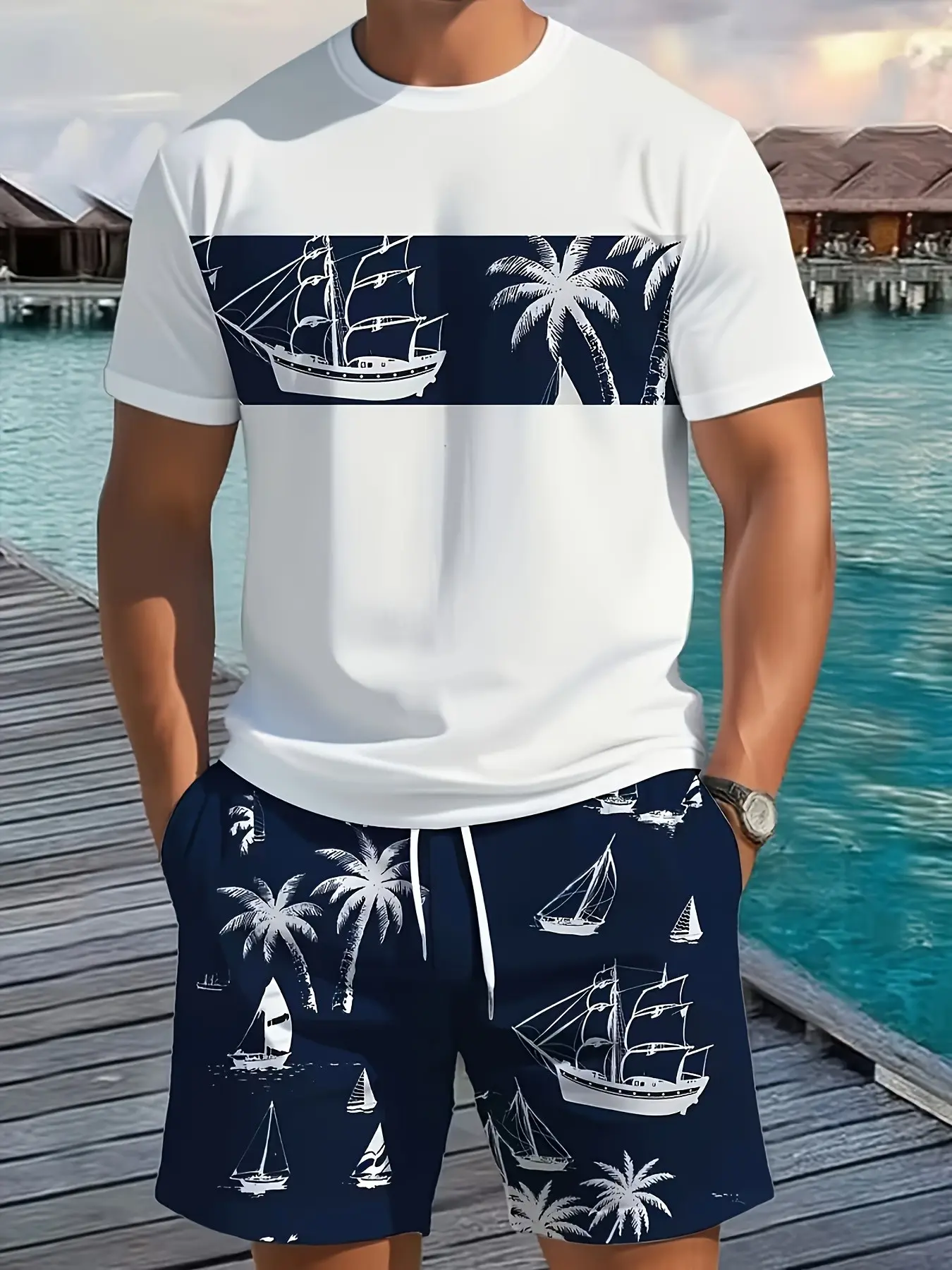 Men's Summer Casual Set, Short Sleeve T-Shirt with Printed Shorts, Tropical Palm Tree Sailboat Pattern, Beach Vacation