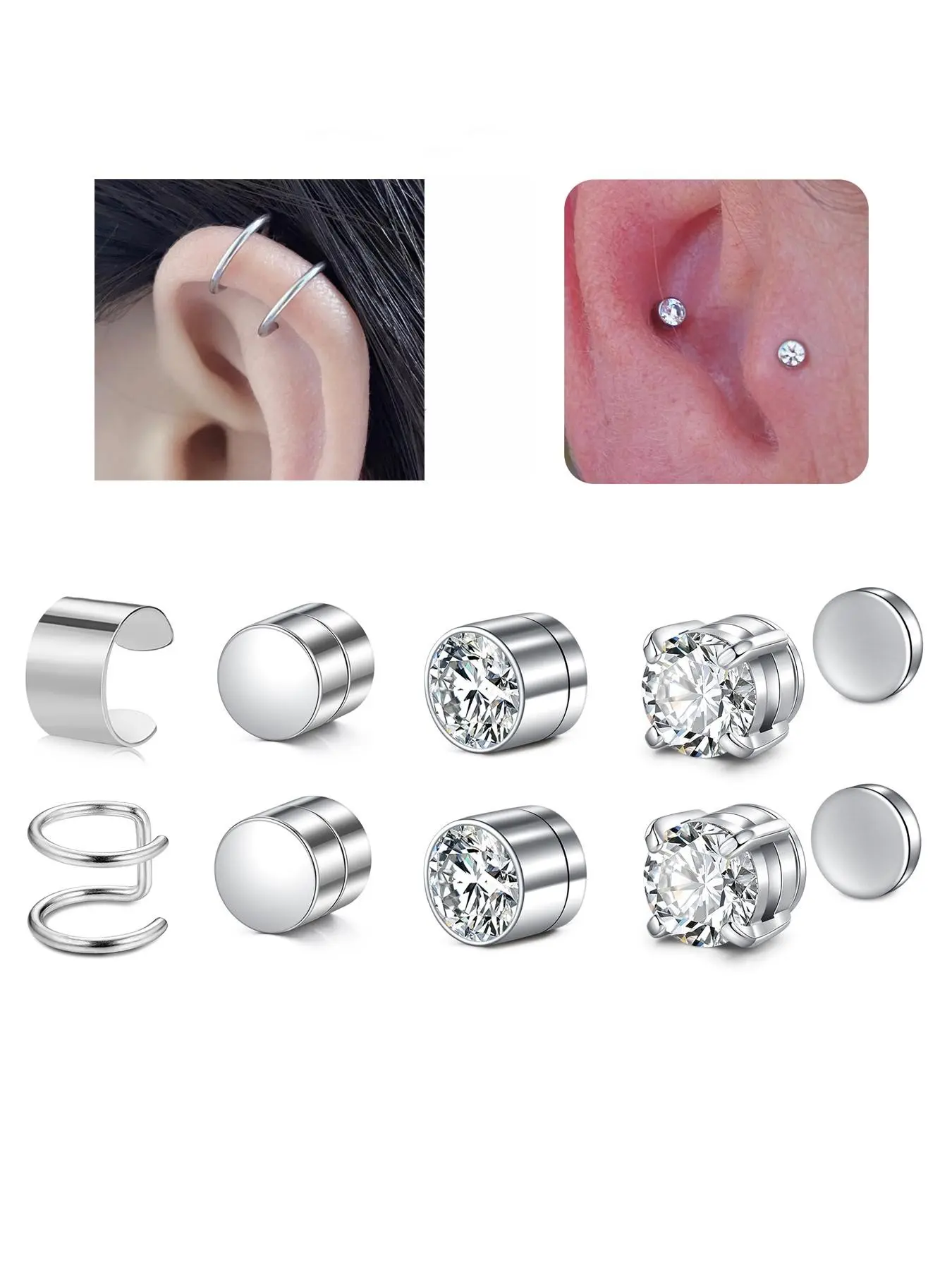 Magnetic Earrings for Women Men Shiny Round Cubic Zirconia Fake Earrings Non-Pierced Ear Cuff Hypoallergenic Stainless Steel Clip On Earrings Not Easy to Fall off