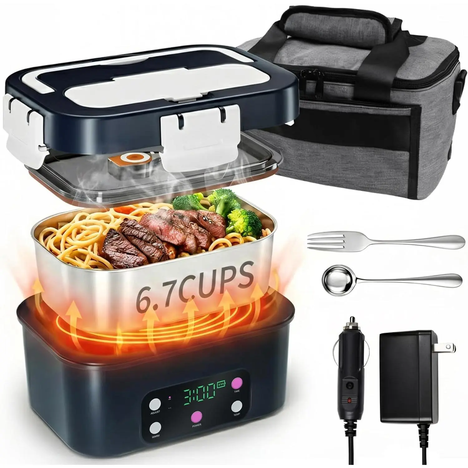 Electric Heated Lunch Box, 6.7 Cups | 1.6L, 15600mA  , Portable Cordless Self  Heating  Container Warmer, Timer Preset Heating, , , Picnic, Outdoor Work Use