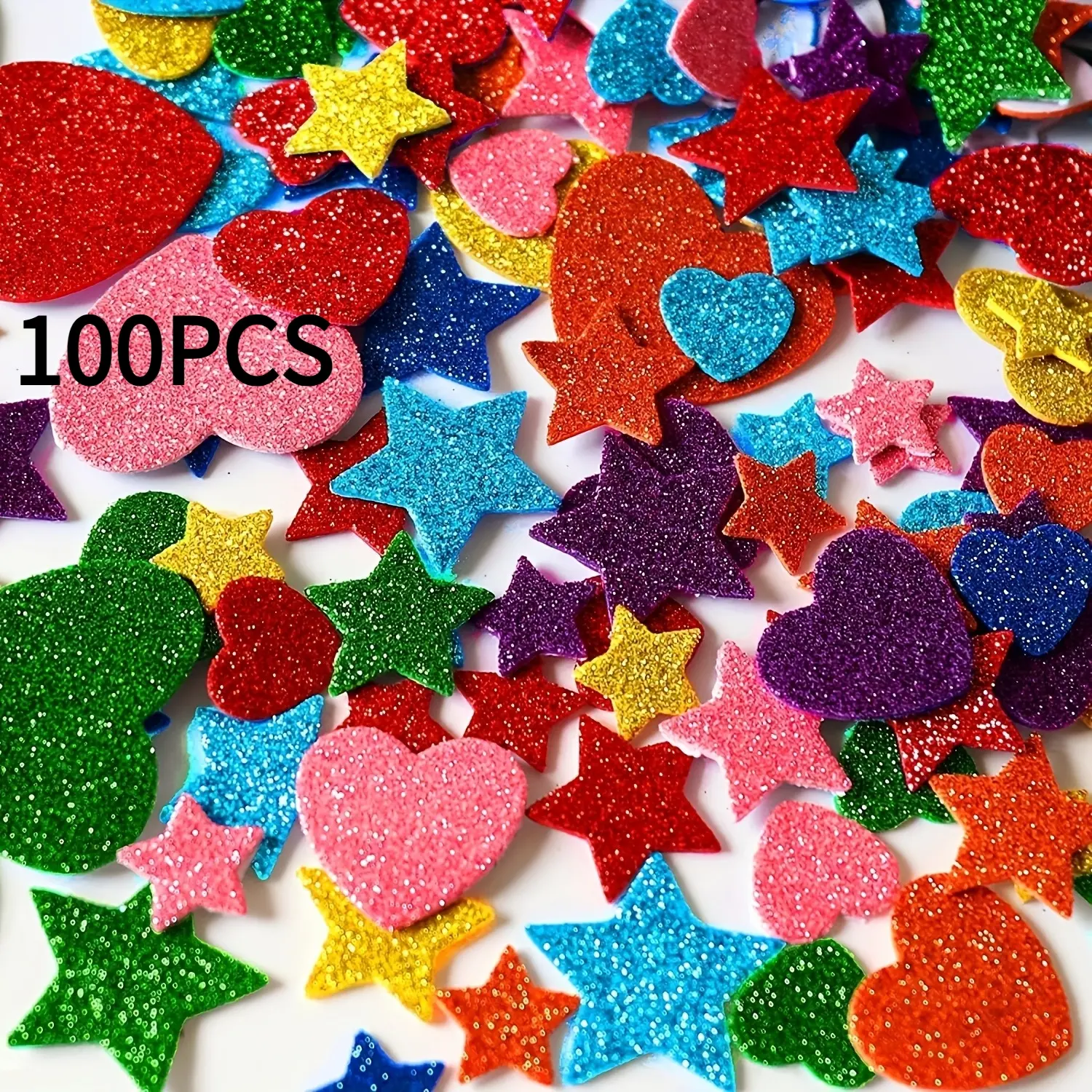 100pcs Glitter Foam Stickers, Self-Adhesive Multicolor Stars & Hearts, Shiny Craft Supplies for Greeting Cards, Home Decor, Art Projects