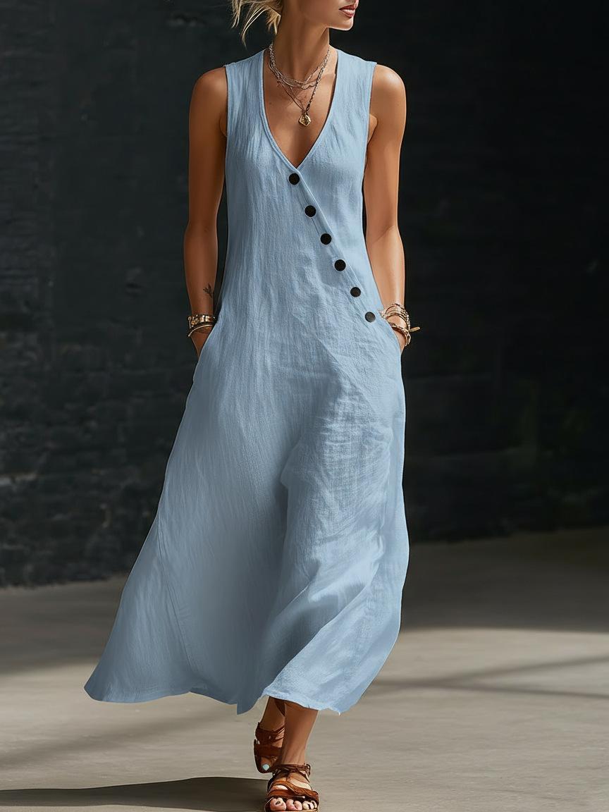 Boho Linen Maxi Dress - Perfect for Beach, Vacation & Brunch! Sleeveless V-Neck Button Detail Casual Dress with Pockets # SleevelessDress # CasualDress # SummerDress # BohoFashion # VNeckDress # DressesForWomen # Outfit of the Day