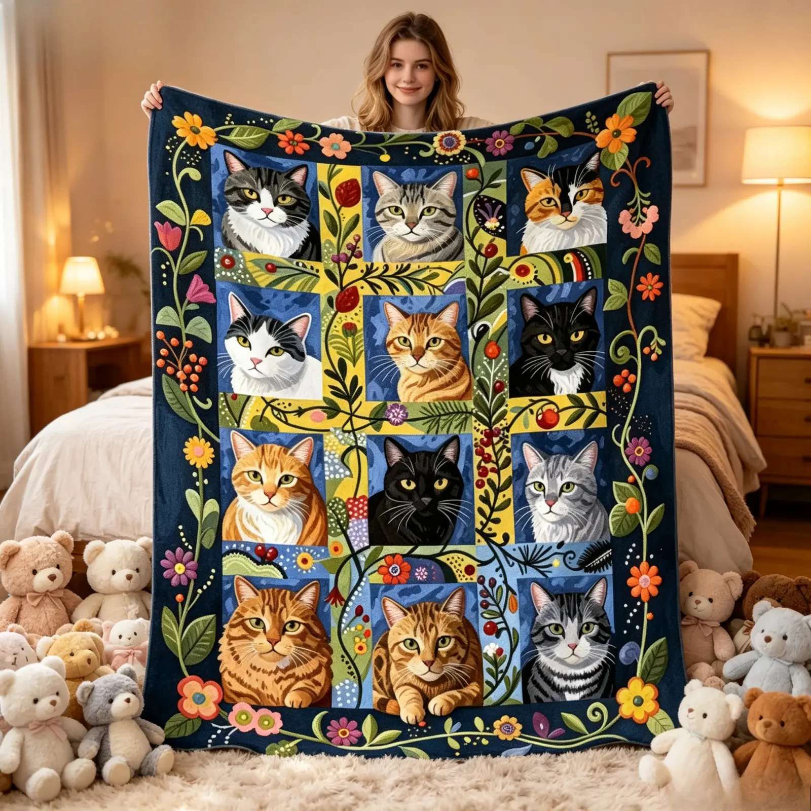 Ultra-Soft Floral Cat Patchwork Flannel Throw Blanket - 1-Piece Colorful Folk Art Kitten Grid Print, Indoor Use Room Decor for Sofa Bed, Cat Lover Gift for Birthday Christmas, TikTok Popular Amazon Pick