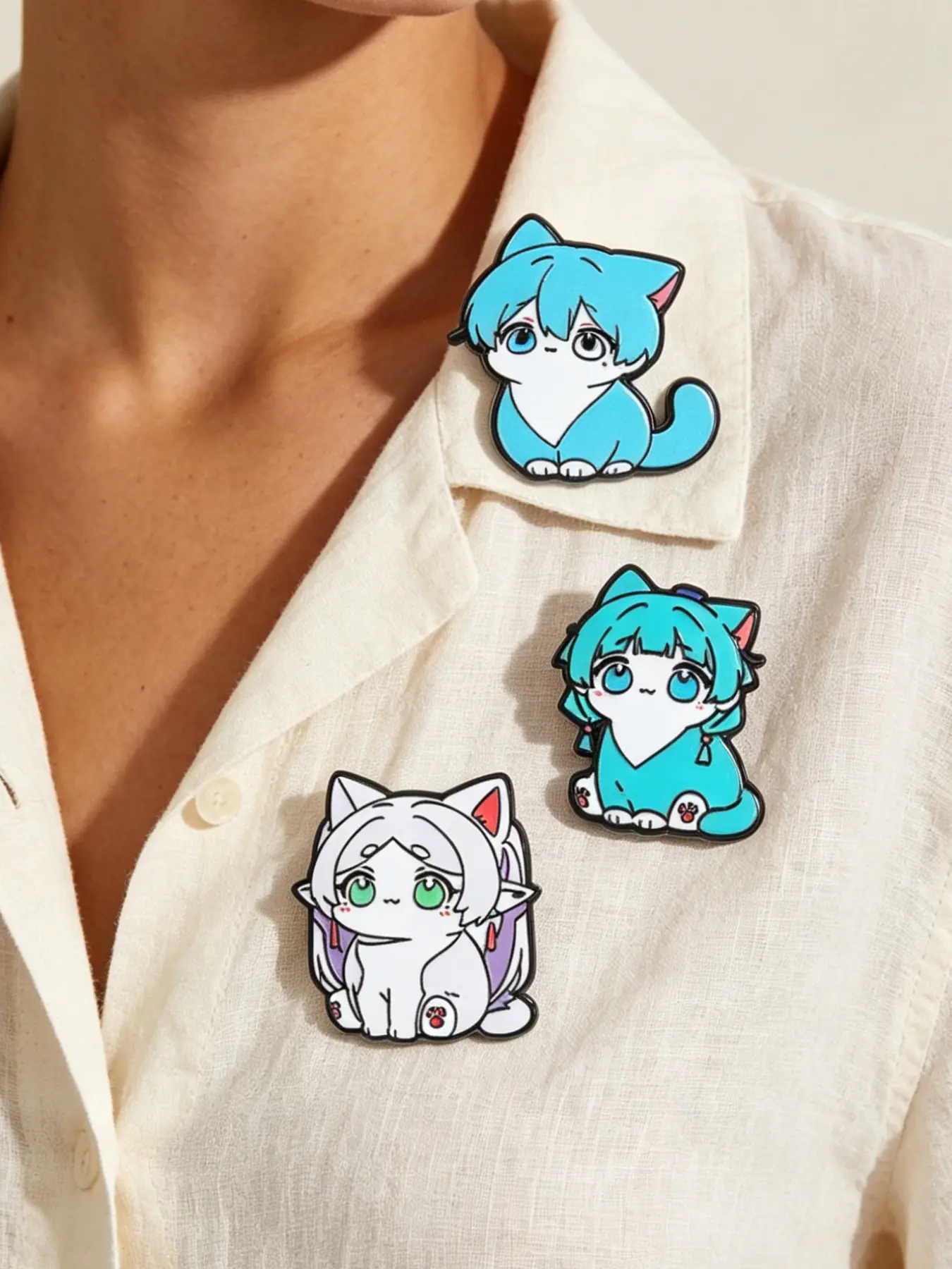 3Pcs Kawaii Anime Cat Girl Enamel Pins Alloy Brooch Pin Hatsune Miku Cat Shaped Brooches Cute White Elf Cat Lady Cartoon Character Badges Backpack Jewelry Gift For Otaku Fans Collectible Pins Enamel Lapel Pins