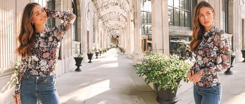 Women's Floral Mesh Long Sleeve Sheer Lace Blouse with Faux High Neck, Fall Outfits 2025