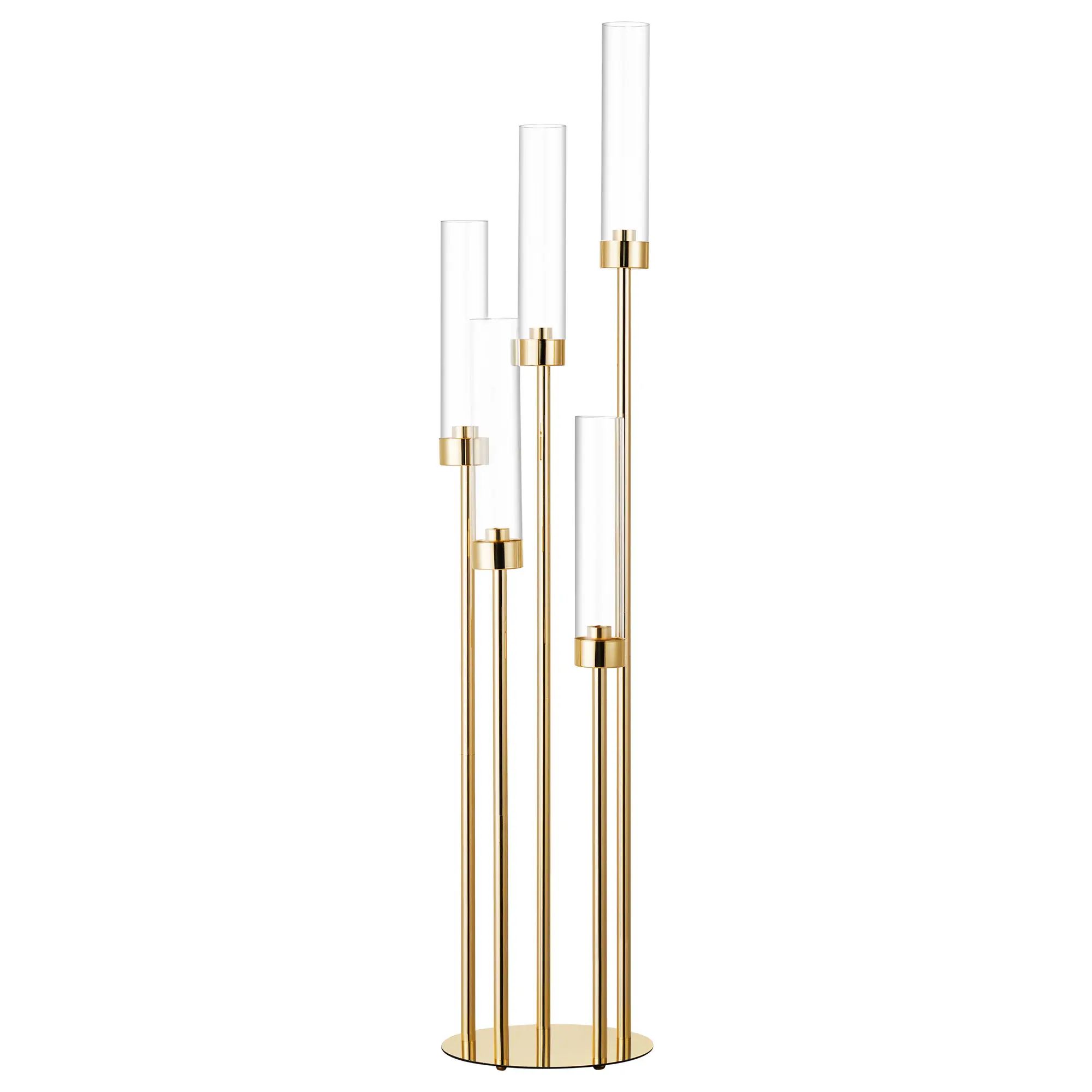 Elegant 42.5-Inch Gold 5-Arm Floor Candelabra Centerpiece – Metal Candle Holder with Acrylic Lampshades – Tall Table Decor for Wedding, Party, Home, Christmas – Fits 0.82'' LED Candle