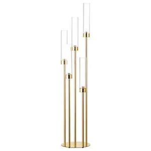 Elegant 42.5-Inch Gold 5-Arm Floor Candelabra Centerpiece – Metal Candle Holder with Acrylic Lampshades – Tall Table Decor for Wedding, Party, Home, Christmas – Fits 0.82'' LED Candle