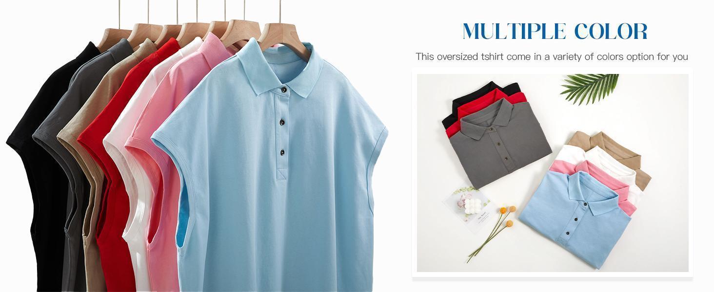 Imily Bela Womens Oversized Cap Sleeve Polo Shirts Summer Casual V Neck Tops Loose Fit Collared Cotton Tee Shirts
