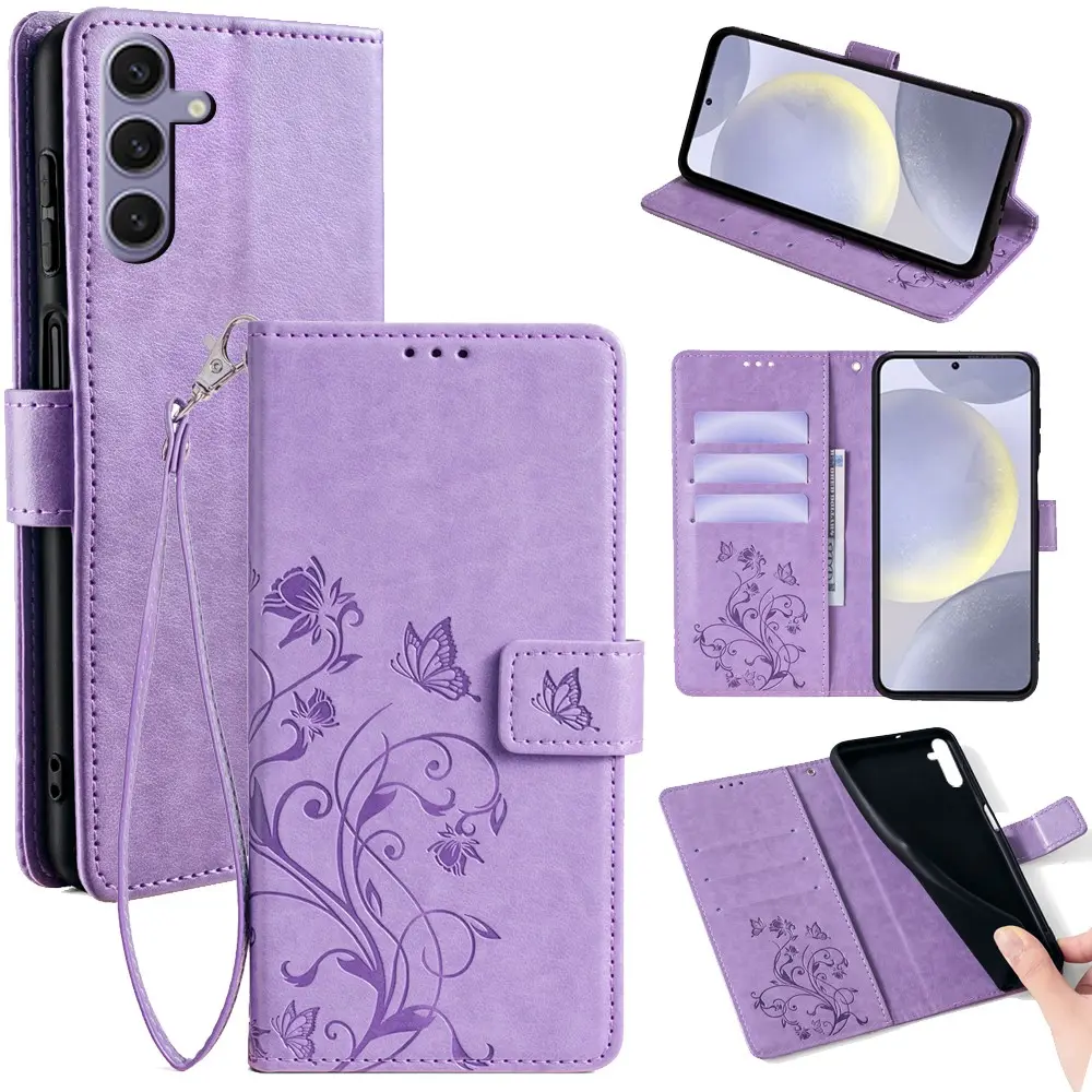 Butterfly Flower PU Leather Phone Case, Magnetic Clasp Wallet, Lanyard, Card Slot, Stand, Samsung & Motorola Compatible