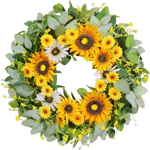 24" Sunflower Wreaths for Front Door, Greenery Summer Spring Front Door Wreath with Sunflowers and Eucalyptus for Indoor Outdoor Wall Window, Outside Floral Wreath Decor for Home Porch