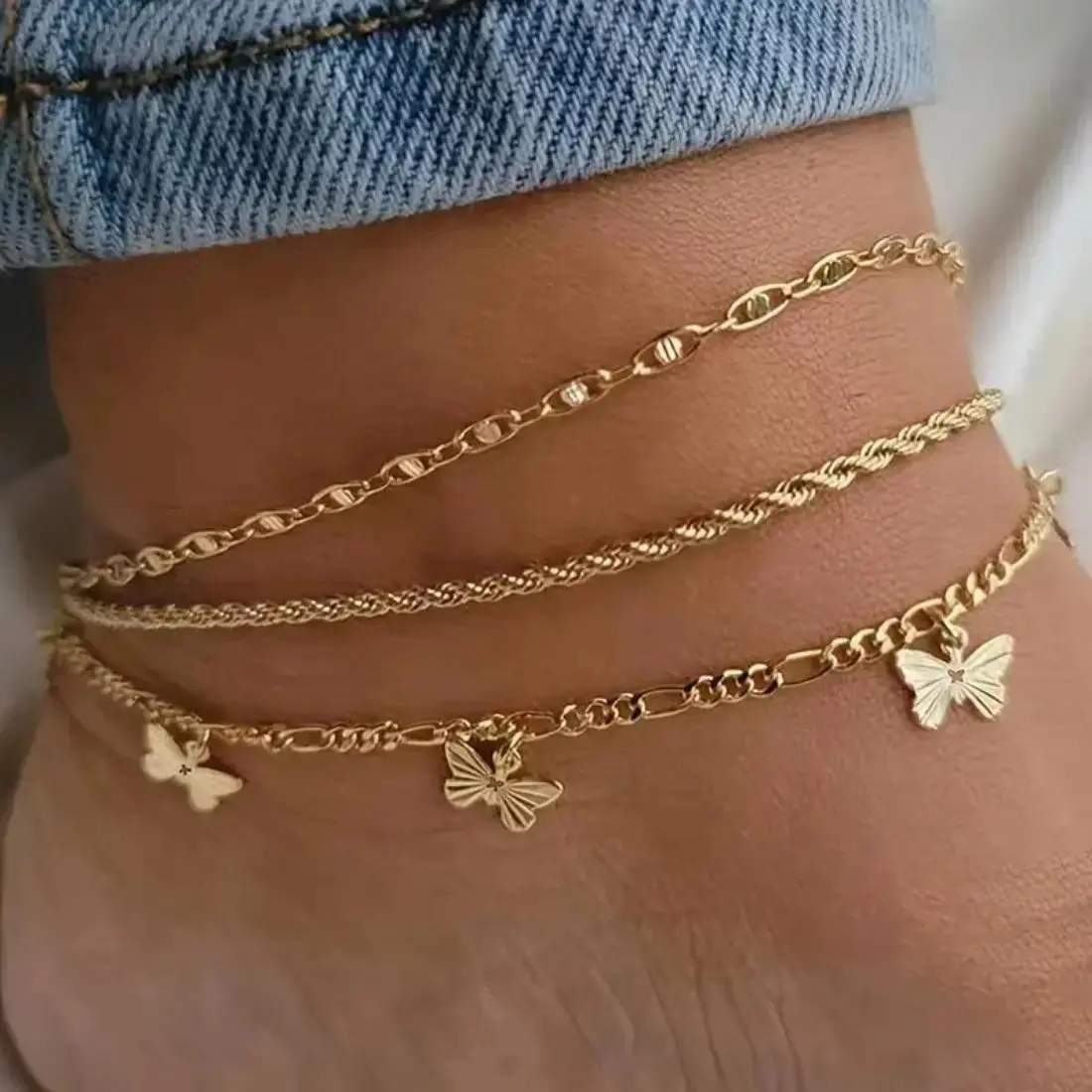 Gold Anklets for Women - Waterproof Beach Layered Ankle Bracelet Set With Dainty Butterfly Charms, Non-Tarnish Cuban Link Jewelry For Summer Vacation Gifts
