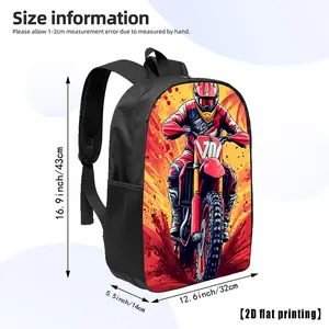 Vibrant Orange Red Splash Paint Background Red Motocross Rider Full Racing Gear Dirt Bike Number 70 Print Large Capacity Backpack Water Resistant Unisex Student School Rucksack Breathable Mesh Padded Shoulder Straps Elastic Mesh Water Bottle Side Pocket O