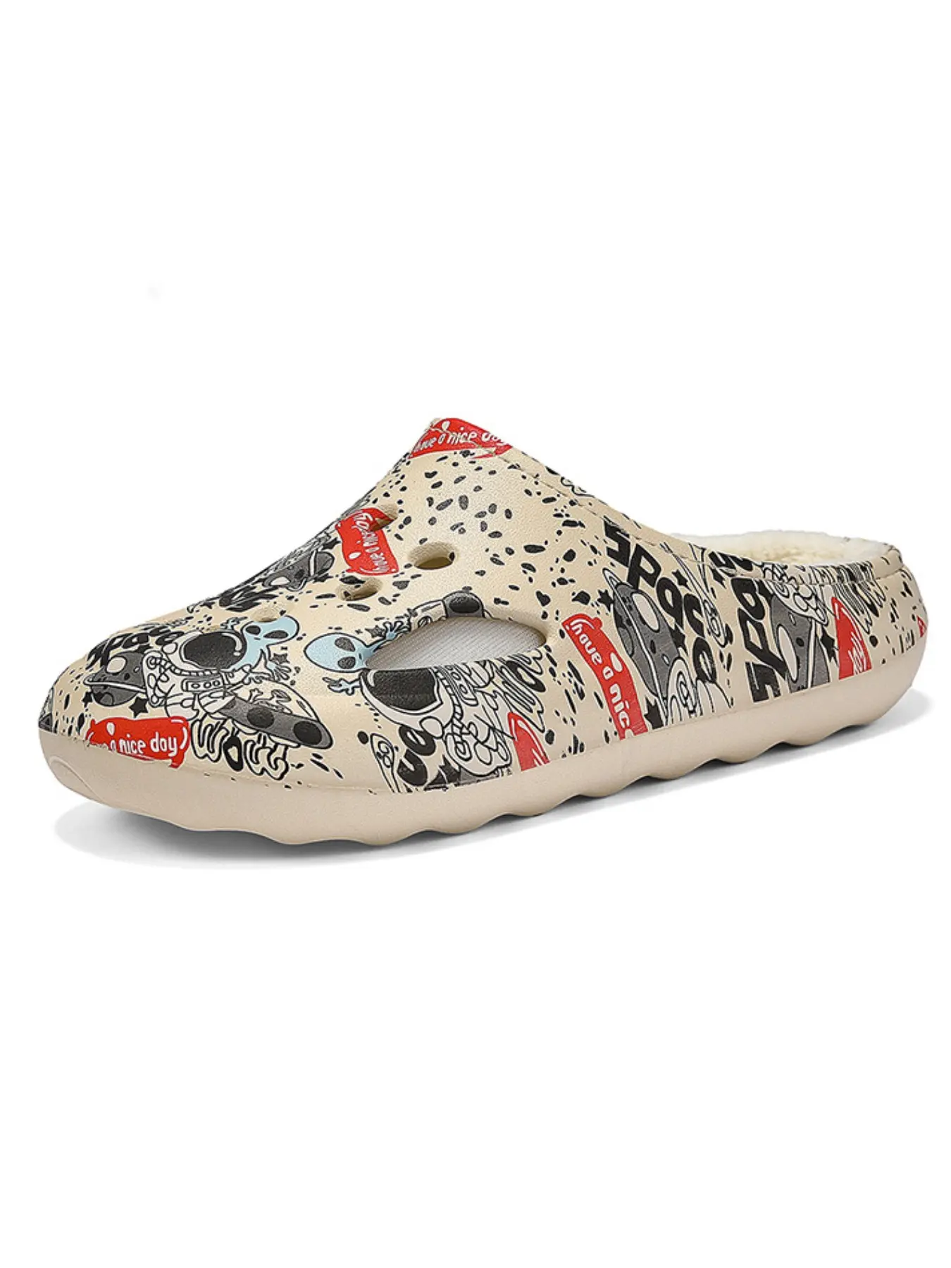 Cool Alien Graffiti Slip-On Shoes, Eva Material, Cartoon Pattern, Breathable, Warm Lining, Non-Slip Sole, Fall & Winter Wear, Autumn Winter Slippers