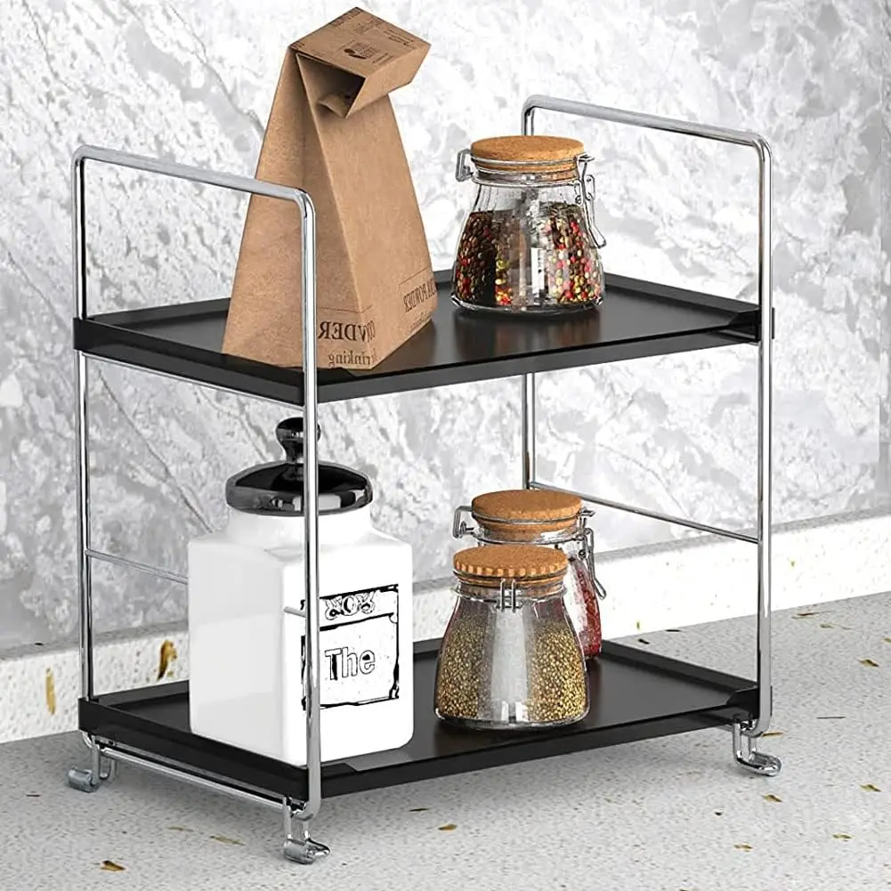 Plastic/Metal Freestanding Stackable Organizer Shelf,Bathroom Countertop Storage Shelf  Organizer Holder Kitchen  Rack,2-Tier Standing Rack ( & Black)