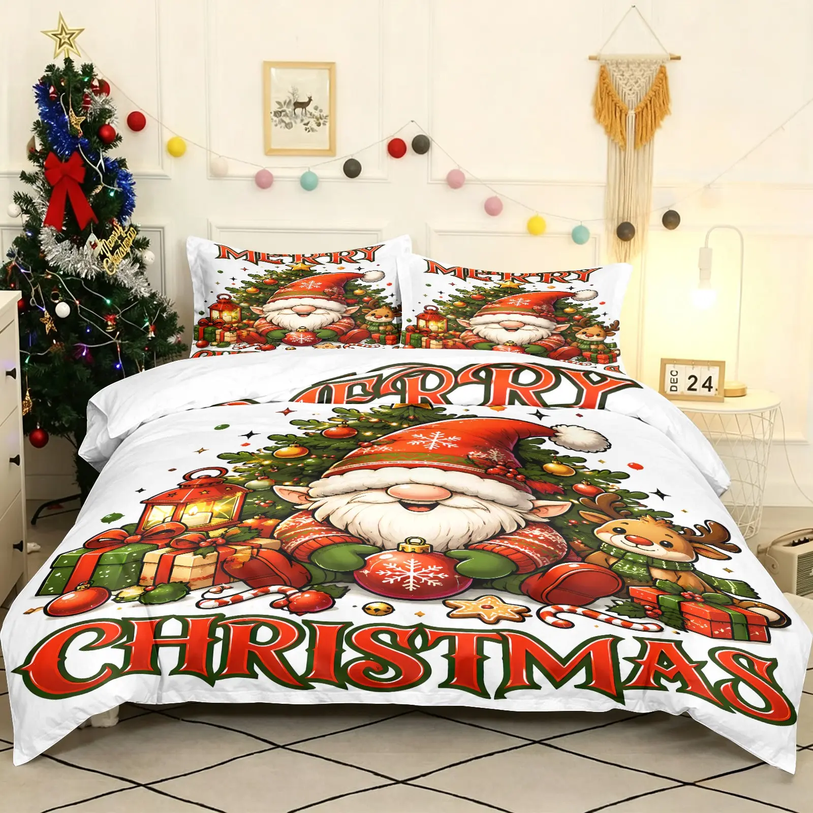 Merry Christmas Reindeer Gnomes Duvet Cover Set Includes 1 Duvet Cover and 1-2 Pillowcases, Soft Comfortable Breathable All Season Comforter Cover, Festive Nordic Elf Bedding Set, Gift Lantern Christmas Tree Holiday Bedroom Decor