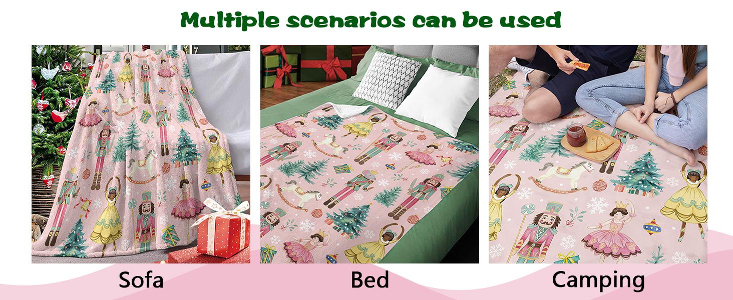 Pink Christmas Nutcracker Flannel Throw Blanket, Cute Xmas Tree Wooden Horses Balls Birthday Gifts for Kids Men Women, Winter Holiday Snowflake Soft Blankets for Bedding Sofa 50 x 60 Inches