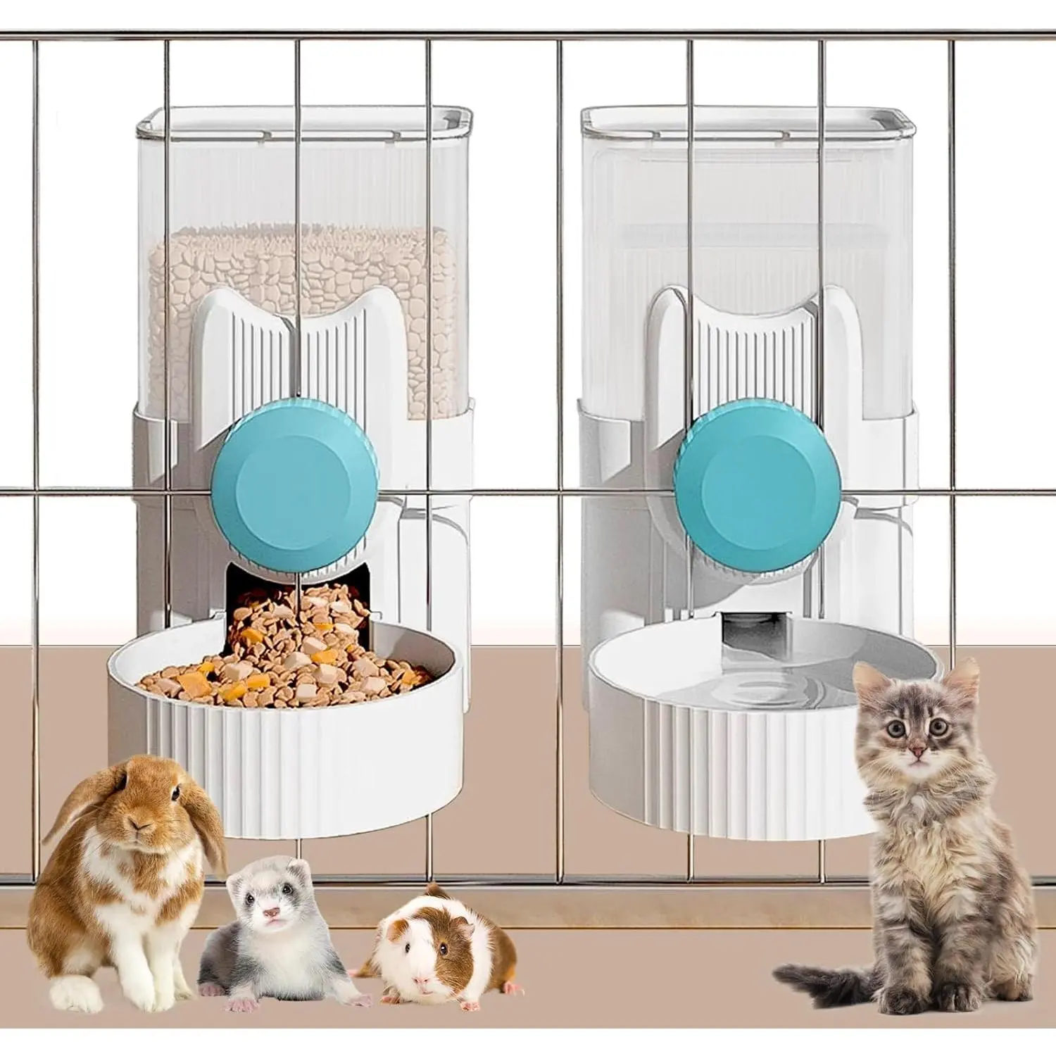 Hanging Automatic Pet Food and Water Dispenser Gravity Auto Rabbit Feeder for Cage Guinea Pig Feeder and Waterer Set Cat Food Bowl Dog Feeding Station for Bunny Ferret Chinchilla (Blue)