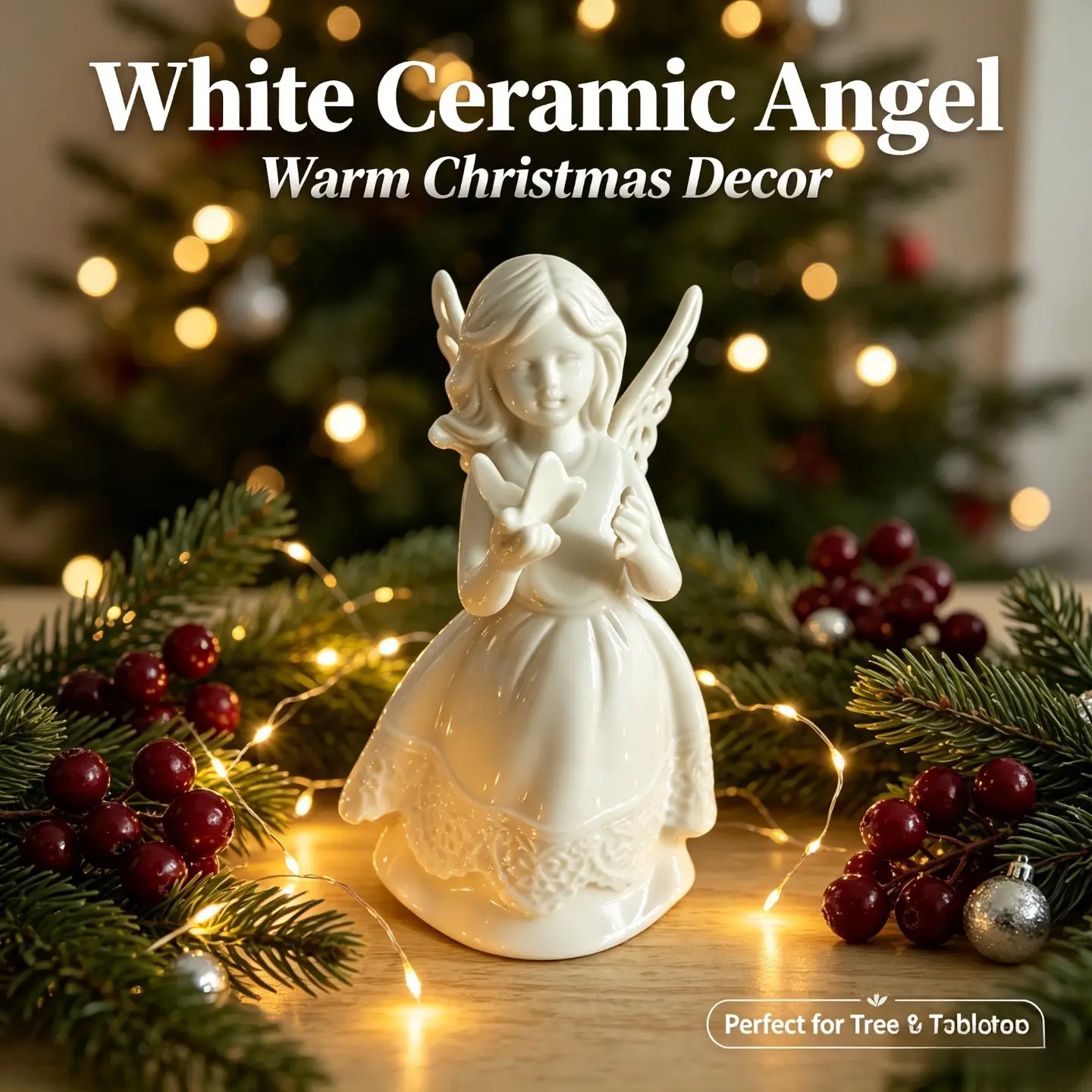 Elegant Glossy White Ceramic Angel Figurine Holding Butterfly, Classic Porcelain Tabletop Mantel Shelf Christmas Statue, Minimalist Farmhouse Winter Holiday Home Decor, Perfect Christmas Gift, Thanksgiving New Year Housewarming Present, Aesthetic Cottagec