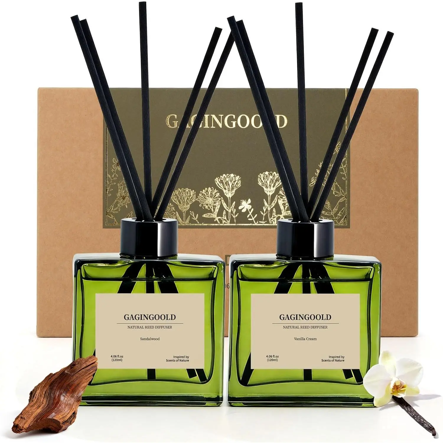 Reed Diffuser Set of 2, 4 fl oz Earthy Sandalwood & Vanilla Cream Scent Diffuser with 20 Sticks, 180 Days Long Lasting Elegant Home Fragrance for Bathroom Bedroom Decor Air Fresh