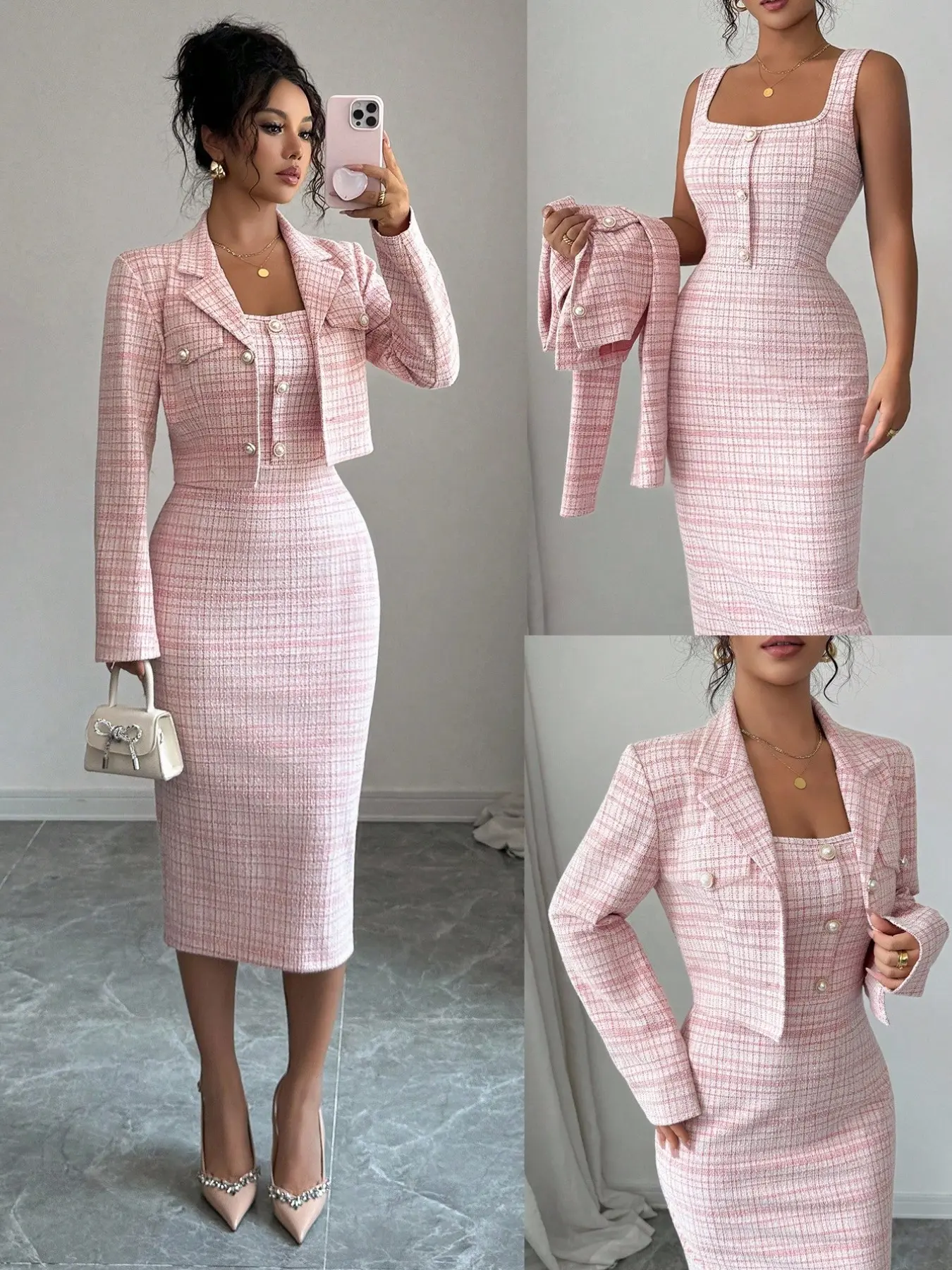 French Chic Plaid Set 2026 Fall Winter New Elegant Noble Houndstooth Short Suit Jacket + Sleeveless Vest Slimming Bodycon Dress Suite Date Night Dresses