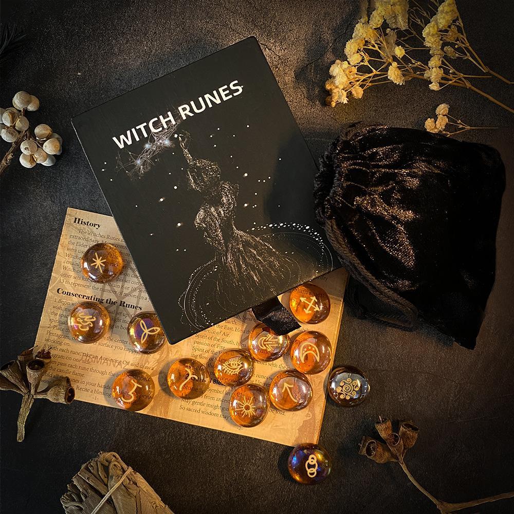 Witch Runes Set, 1 Set Glass Divination Stone with Storage Bag & Guidebook, Party Supplies for Mystical Gatherings, Witchcraft Gift Kit for Adults, Party Event Props