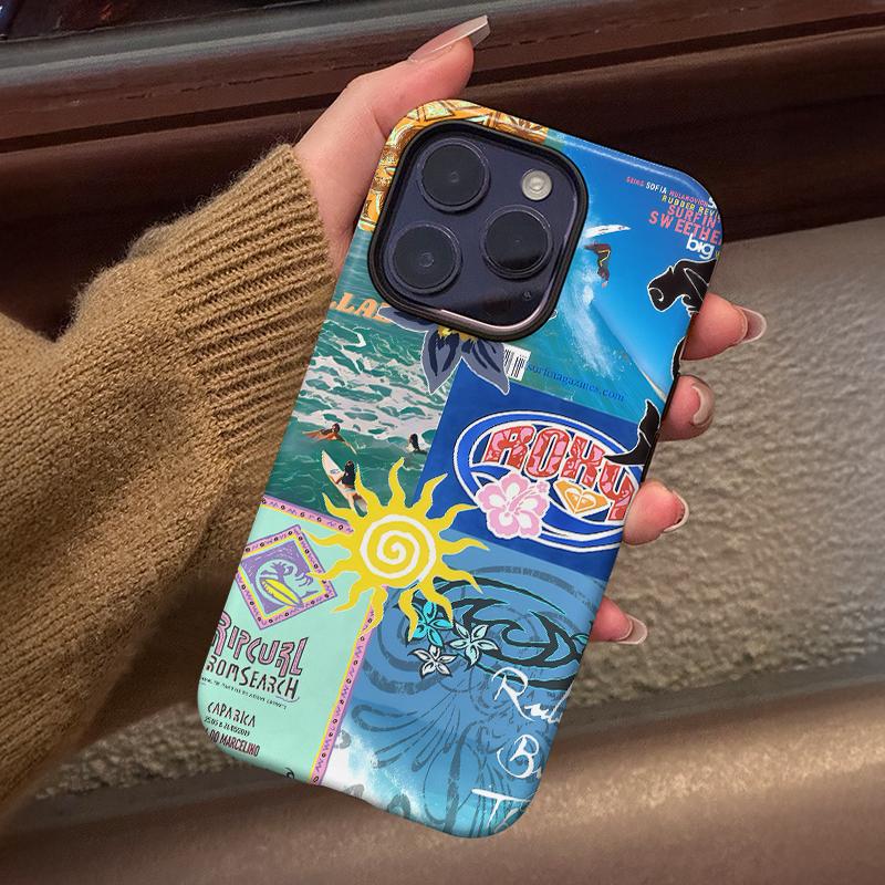 Beach Vibes Phone Case , Y2K Surf Magazine Collage with Bold Colors, Shockproof Rugged Cover Dual Layer Soft TPU Hard Bumper Shell for iPhone 7 8 X XR 11 12 13 14 15 16 17 Pro Max Plus Air