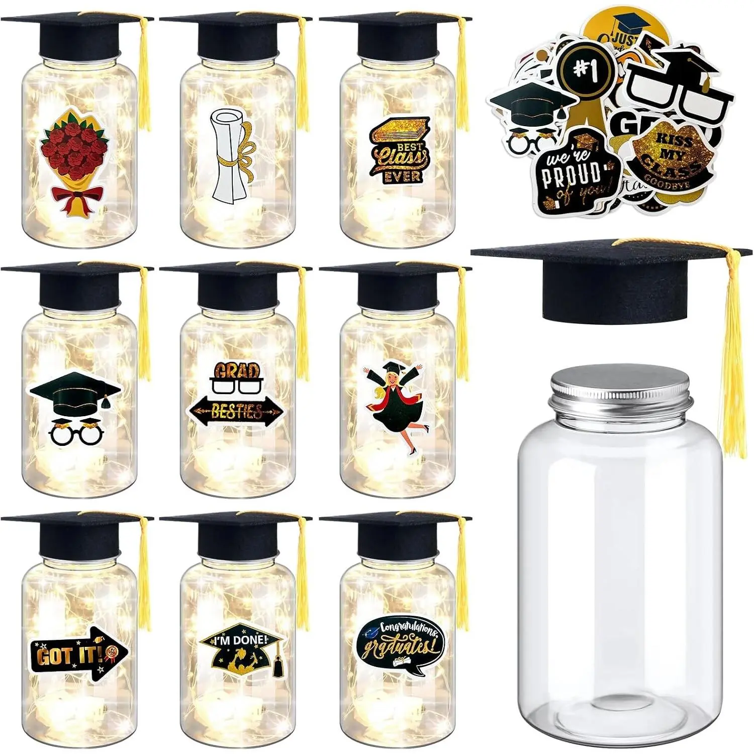 10Sets Graduation Mason Jar, 2026Graduation Centerpieces with Felt Hat&Fairy String Lights & Stickers, Graduations Table Decorations Graduations Party Supplies Favors for College School(Black)