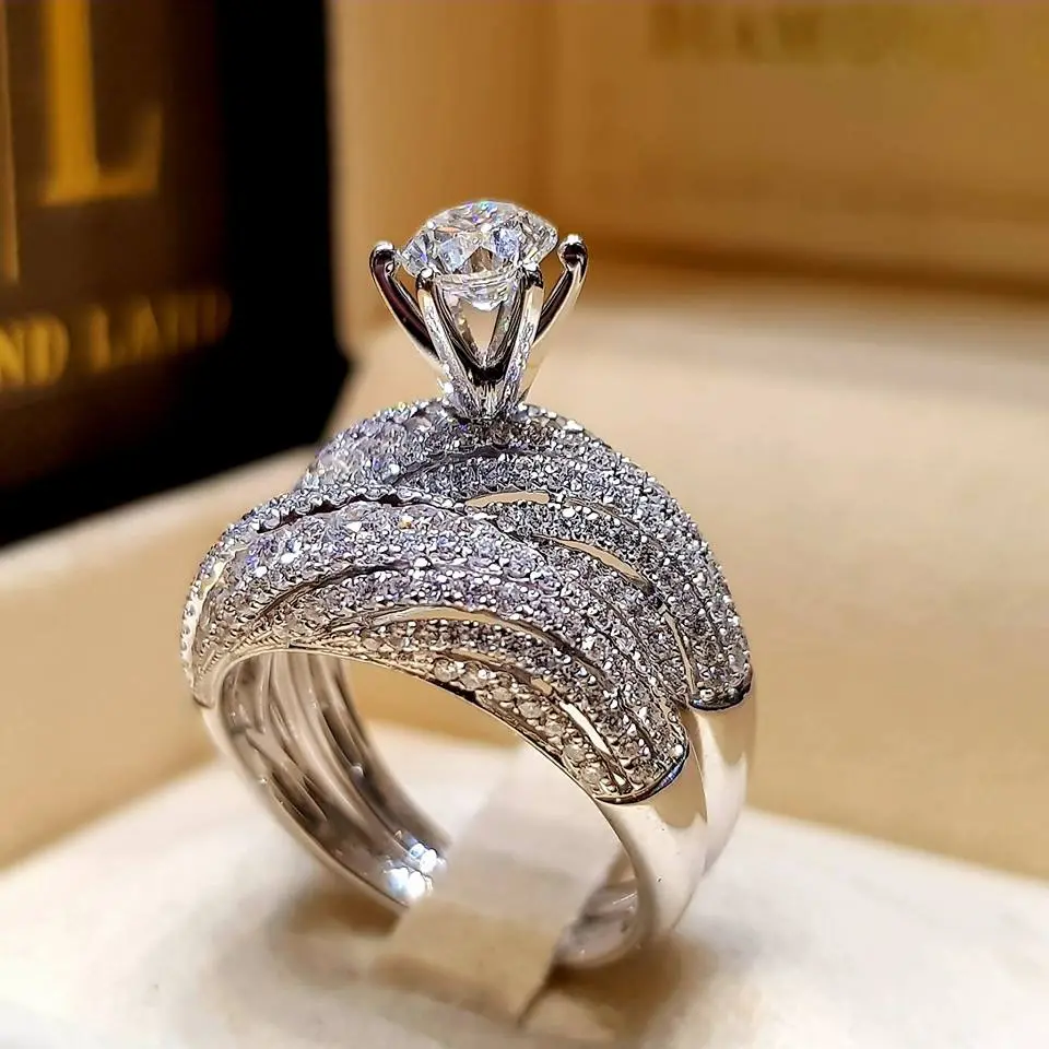 Popular Women's Double-Layered Imitation Diamond Ring with Full Rhinestones, New Arrival S Series Silver-Plated Engagement Ring for Women
