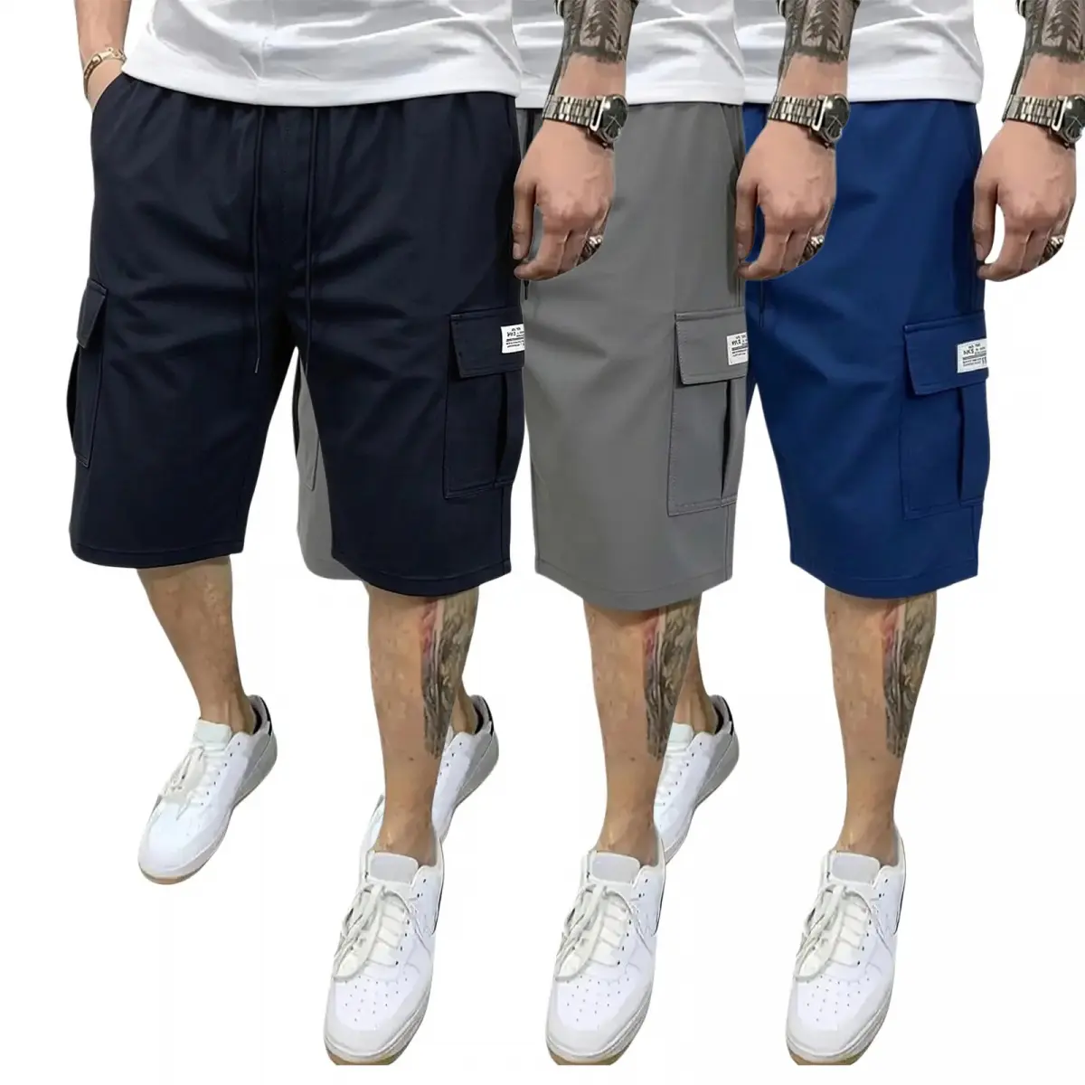 Men's 3-Piece Fitted Matching Shorts Set - Casual Summer Drawstring Color-Mixed Shorts, Lightweight Breathable, Slanted Multipocket, Versatile Everyday Beach Gym Wear Brown, Black, Green, Color-Mixed Men's Shorts, Fitted Men's Shorts fathersdaygift