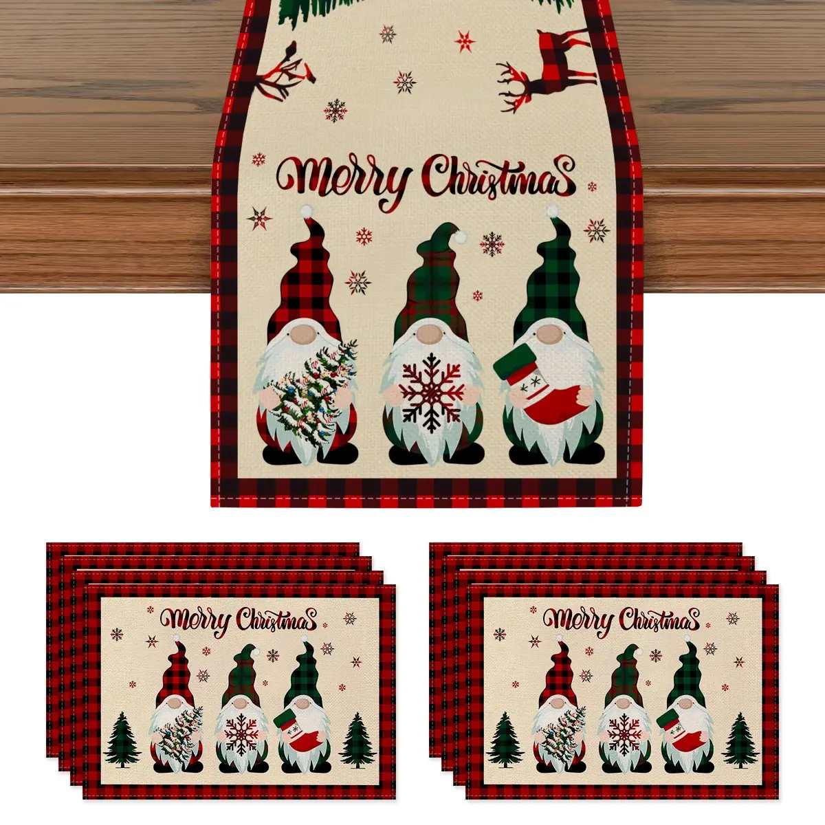 Christmas Table Runner and Placemat Set, Elf Snowflake Design, Perfect for Thanksgiving, Kitchen, Dining Room, Indoor Outdoor Use