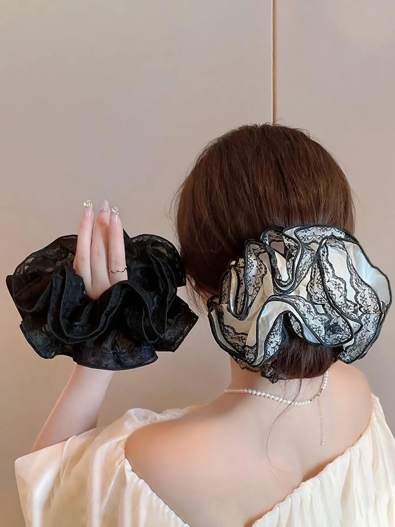 2pcs Vintage French Lace Large Scrunchies for Women,Soft Satin Ruffled Hair Ties,Oversized Elegant Hair Accessories for Low Bun Ponytail