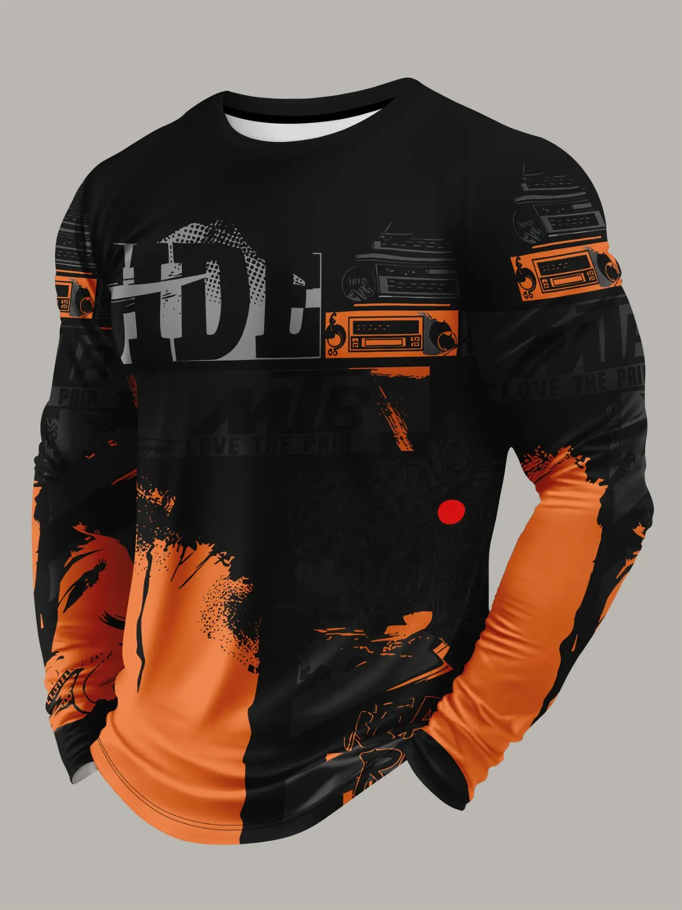 Men's Mountain Bike Theme Sport Long Sleeve T-Shirt, MTB Comic Full Print Quick-Dry Tops, Outdoor Cycling Training Fitness Breathable Casual Wear