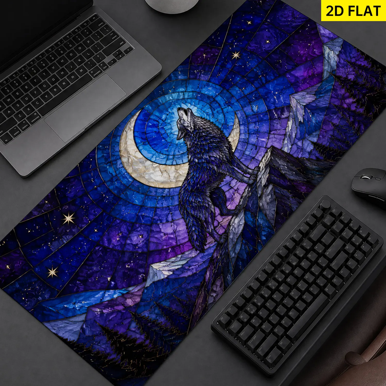 Extra Large Stained Glass Wolf Howling At The Moon Mouse Pad, Non-Slip Rubber Base, Lock Edge, Washable Multi-Size Desktop Protection Pad, Premium Multipurpose for Home Office, Gift for Loved Ones